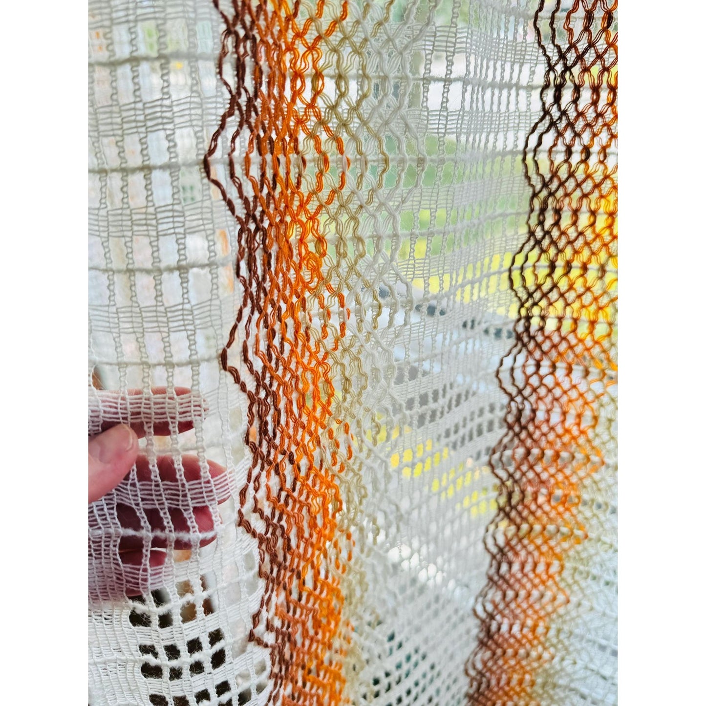 Vintage 70s curtain, white, orange groovy stripes, mesh panel