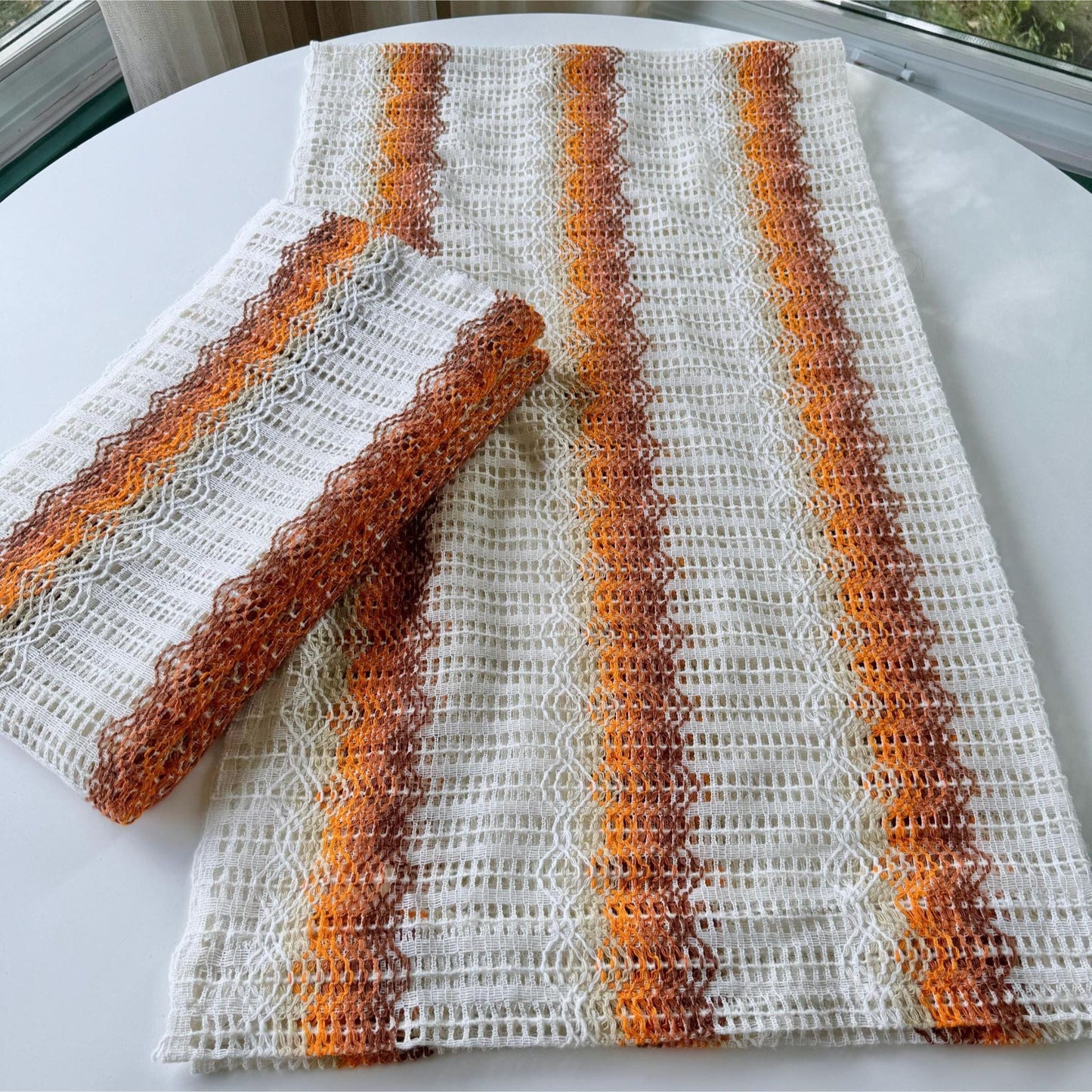 Vintage 70s curtain, white, orange groovy stripes, mesh panel