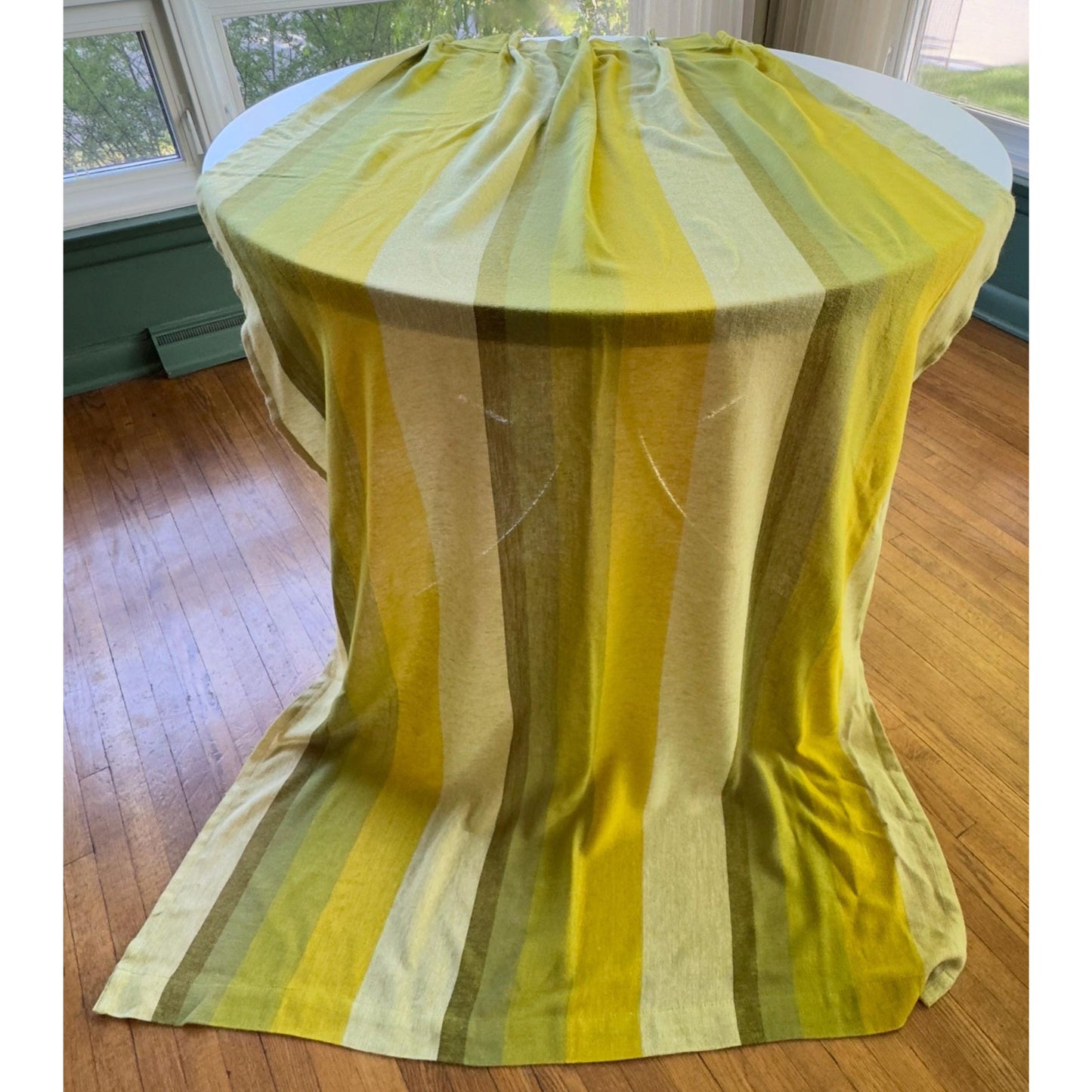 Vintage 70s curtain, lime, avocado, green stripes, pleated panel & tie back, 1970s window treatment, price for 1, 4 available, 26"W x 88"L