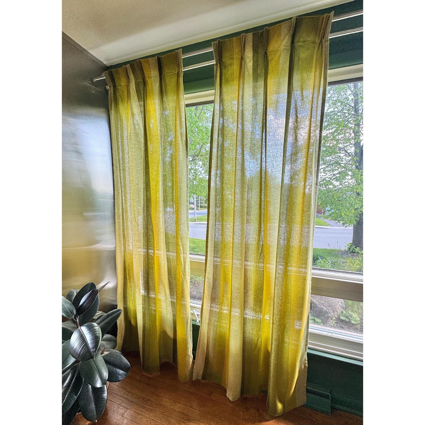 Vintage 70s curtain, lime, avocado, green stripes, pleated panel & tie back, 1970s window treatment, price for 1, 4 available, 26"W x 88"L
