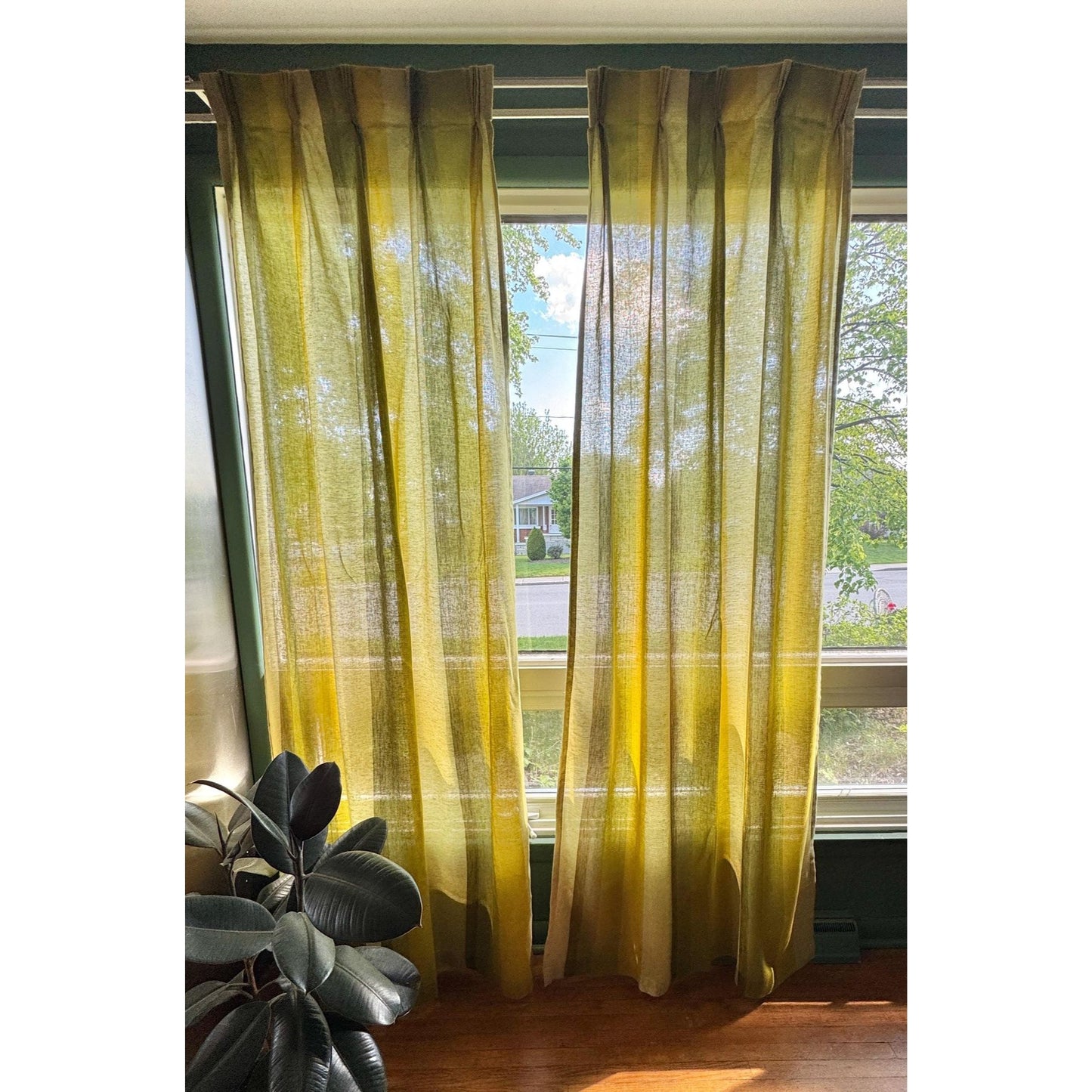 Vintage 70s curtain, lime, avocado, green stripes, pleated panel & tie back, 1970s window treatment, price for 1, 4 available, 26"W x 88"L