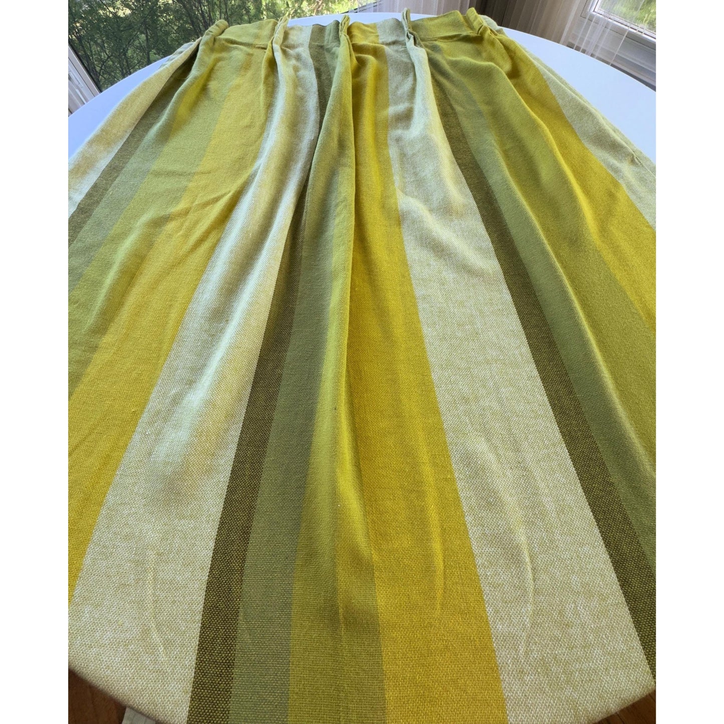 Vintage 70s curtain, lime, avocado, green stripes, pleated panel & tie back, 1970s window treatment, price for 1, 4 available, 26"W x 88"L