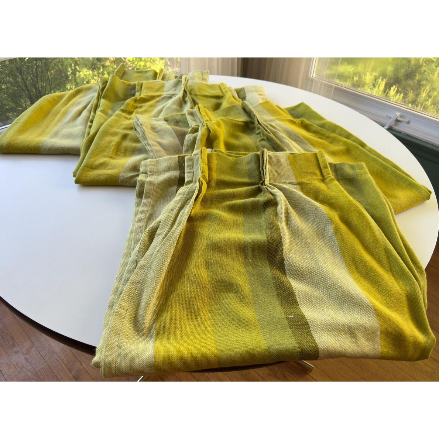 Vintage 70s curtain, lime, avocado, green stripes, pleated panel & tie back, 1970s window treatment, price for 1, 4 available, 26"W x 88"L