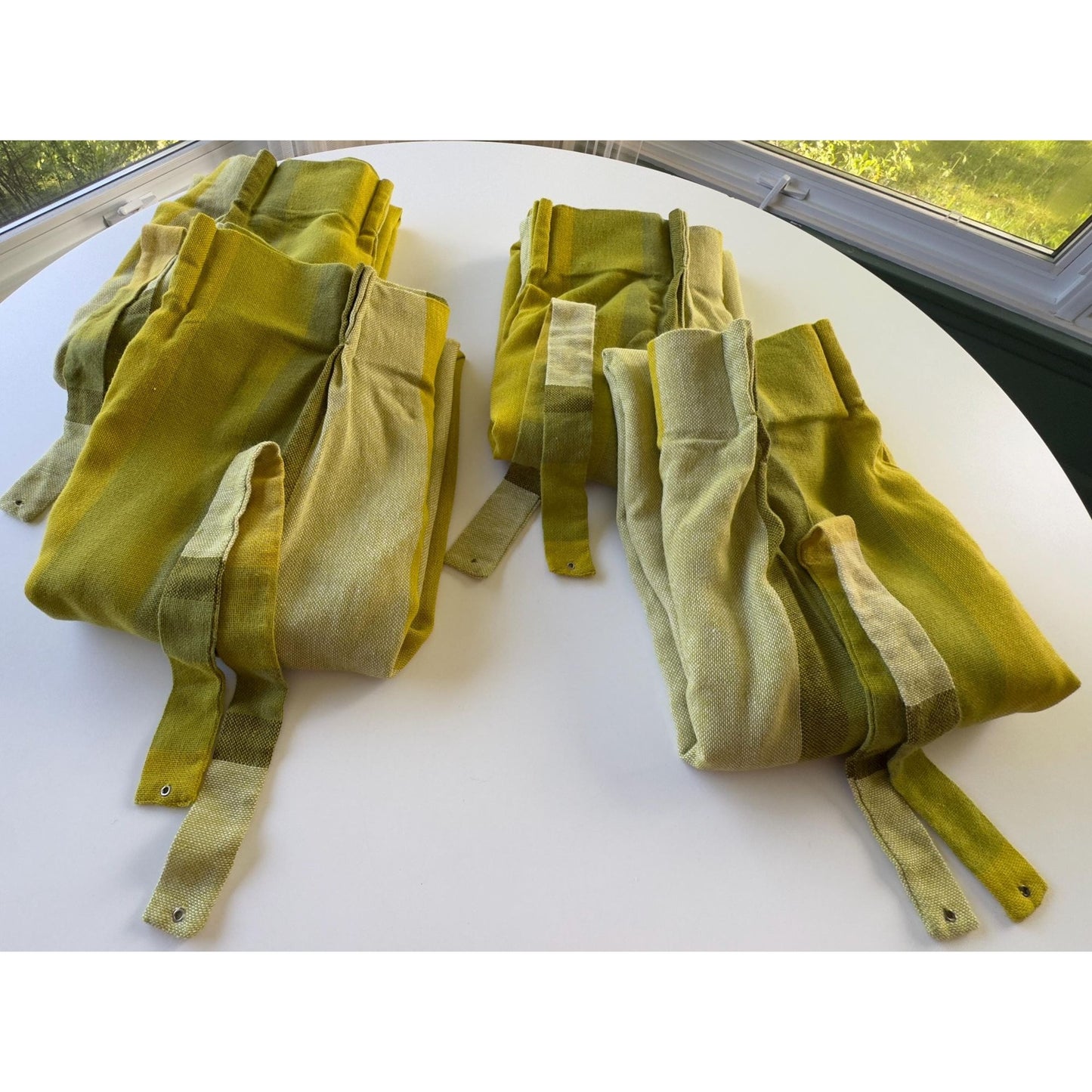 Vintage 70s curtain, lime, avocado, green stripes, pleated panel & tie back, 1970s window treatment, price for 1, 4 available, 26"W x 88"L