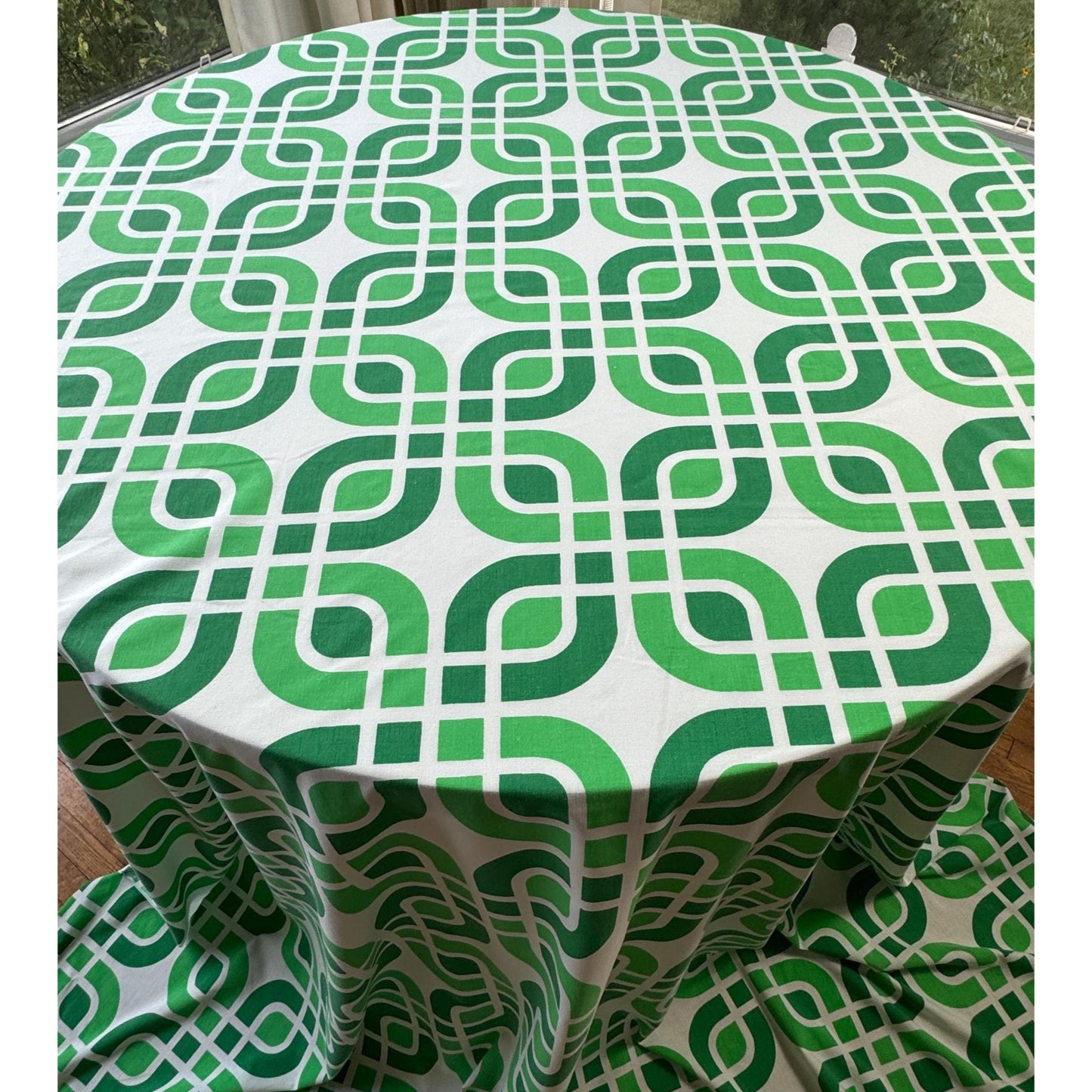 Vintage 70s flat / top sheet, green geometric, full size / queen size bed, TexMade