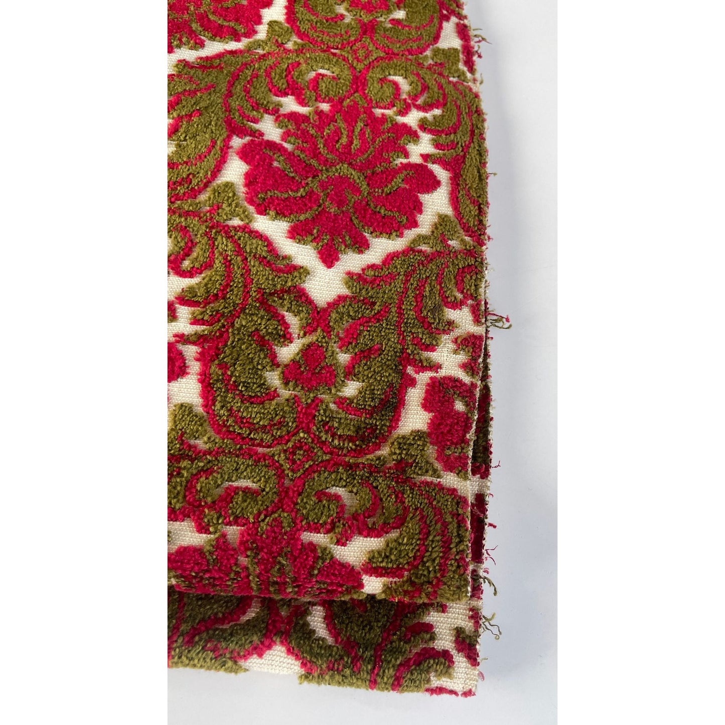 Vintage 50s ciselé velvet area rug, olive green and hot pink damask pattern, velours oval carpet