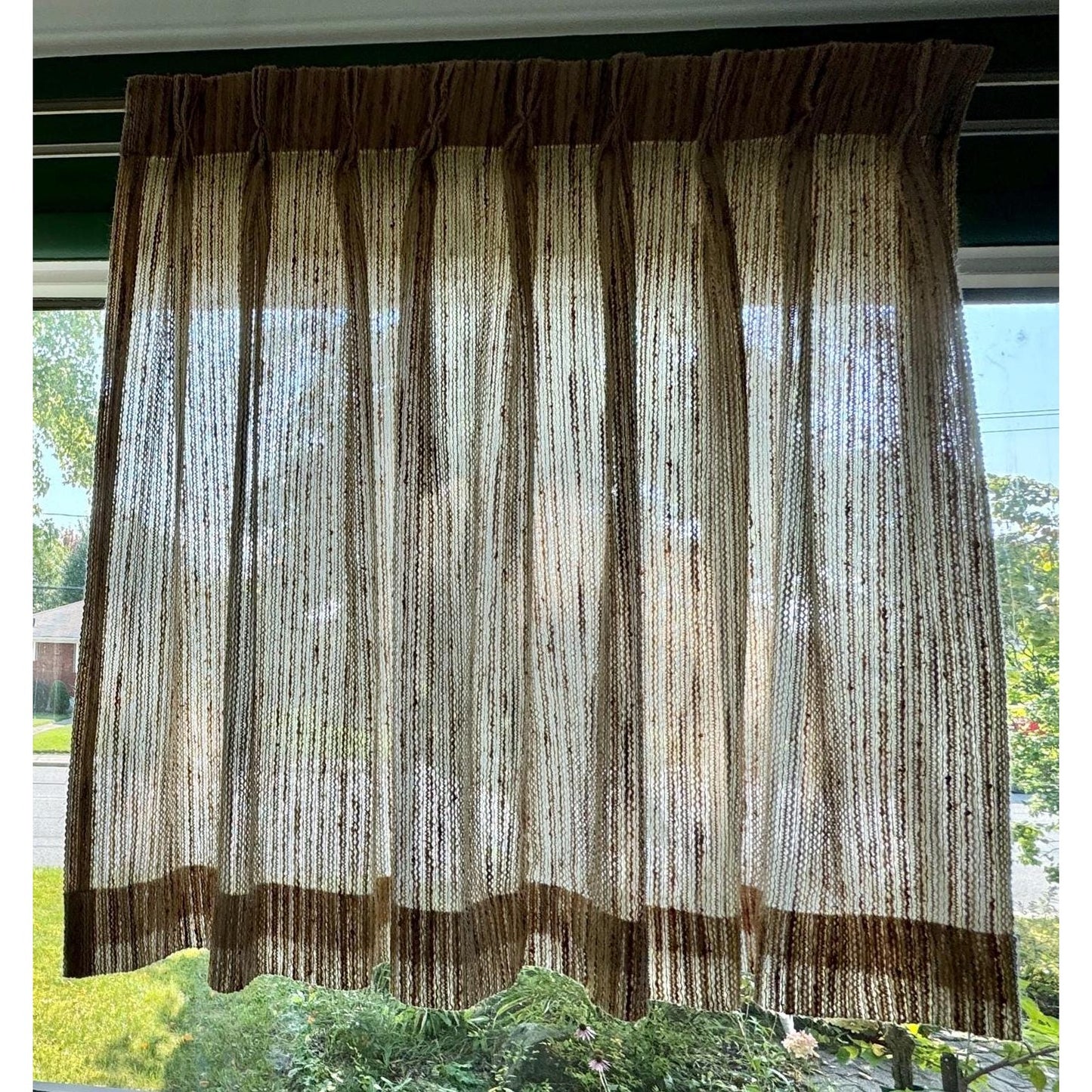 Vintage 70s pleated curtain, tan and brown panel