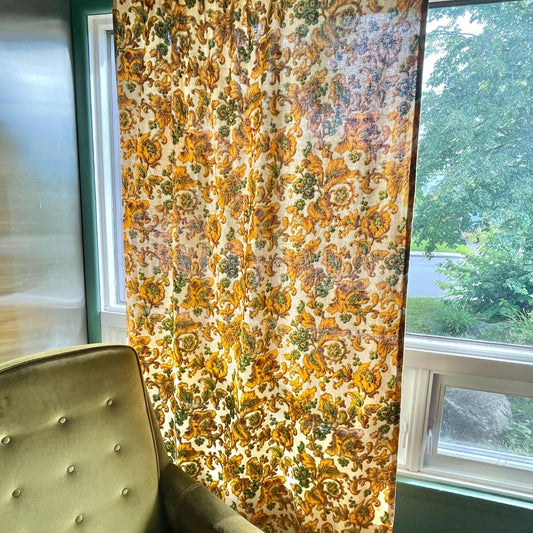 Vintage 60s curtain or pleated valance, bold yellow green flowers