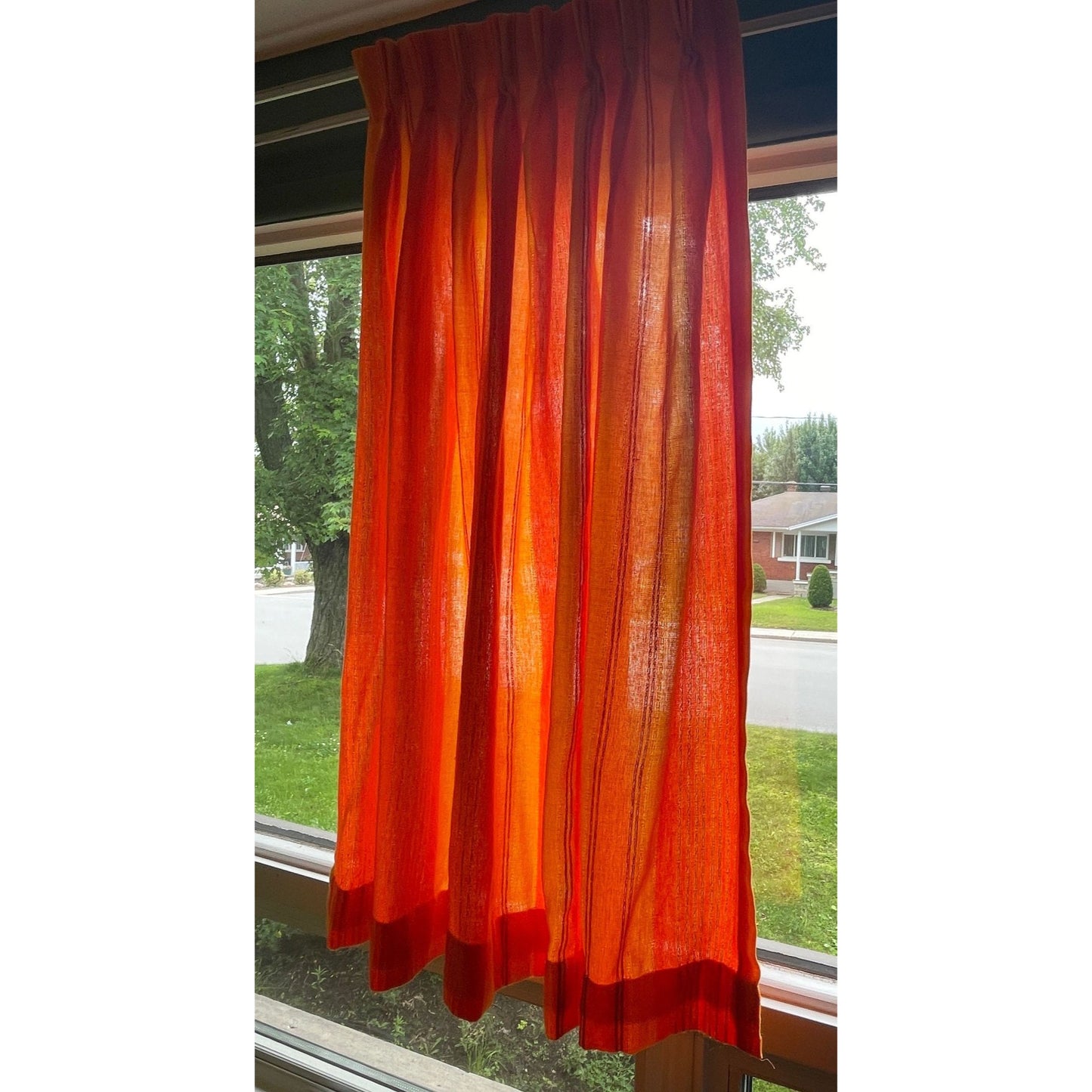 Vintage 70s pleated curtain, orange striped woven panel