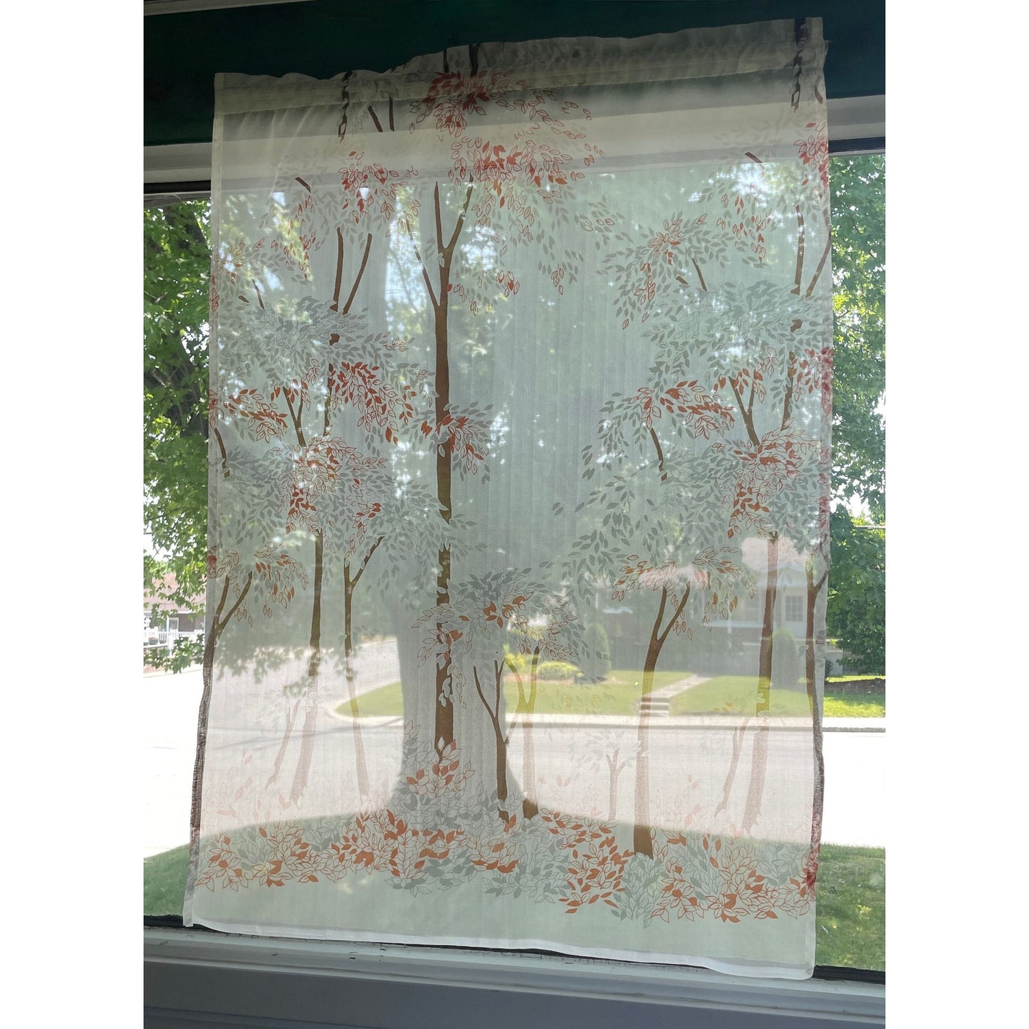 Vintage 70s curtain, red, brown tree / forest pattern, white background
