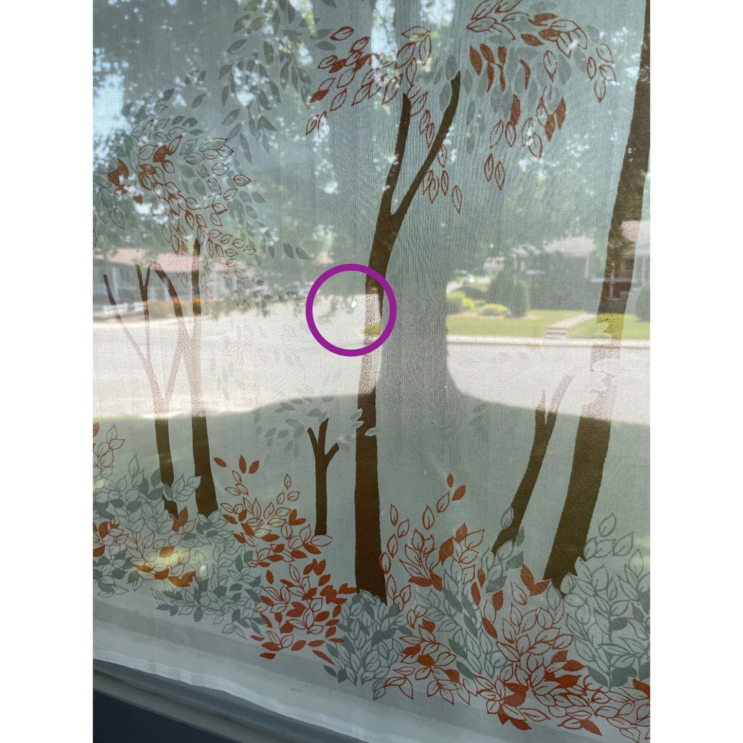 Vintage 70s curtain, red, brown tree / forest pattern, white background
