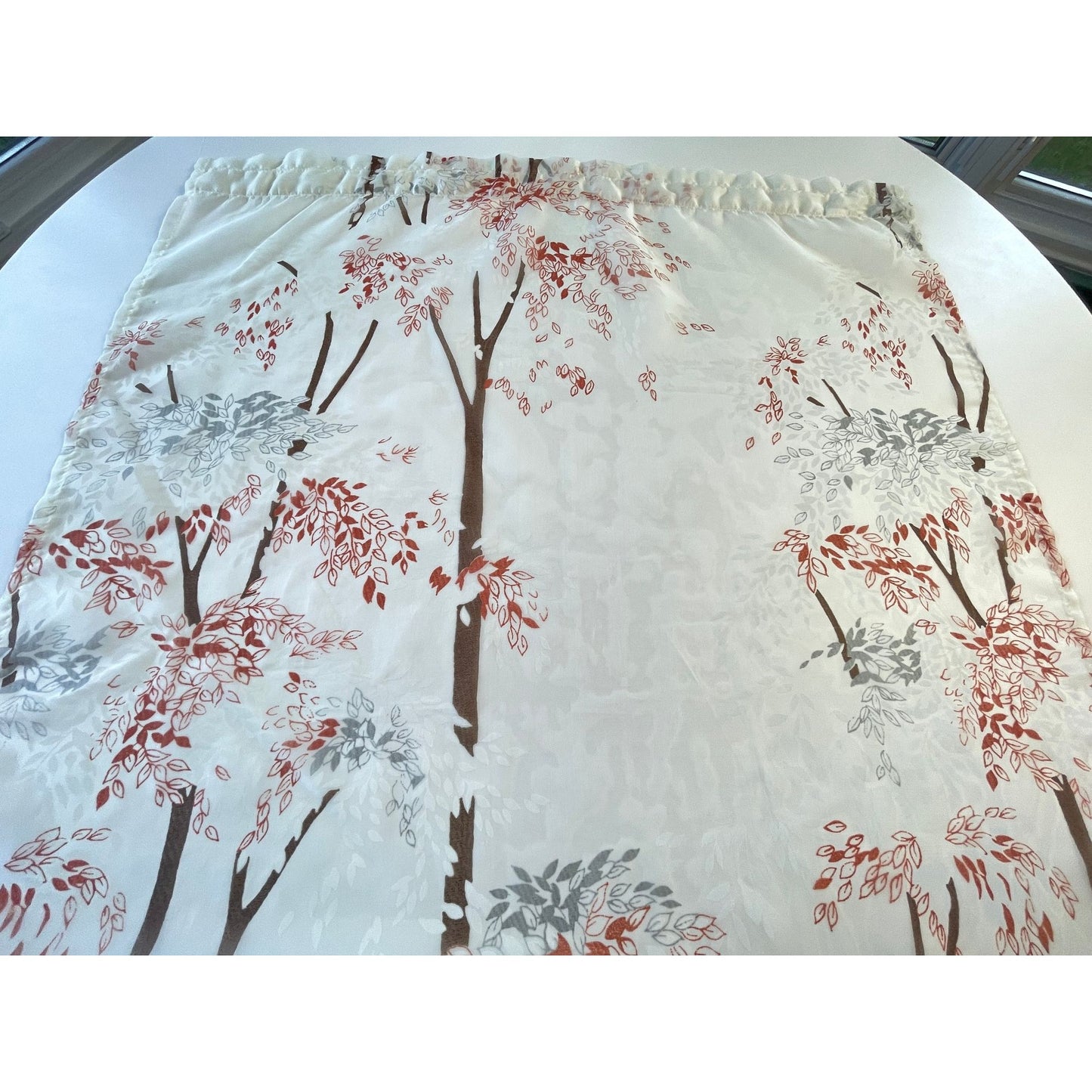 Vintage 70s curtain, red, brown tree / forest pattern, white background