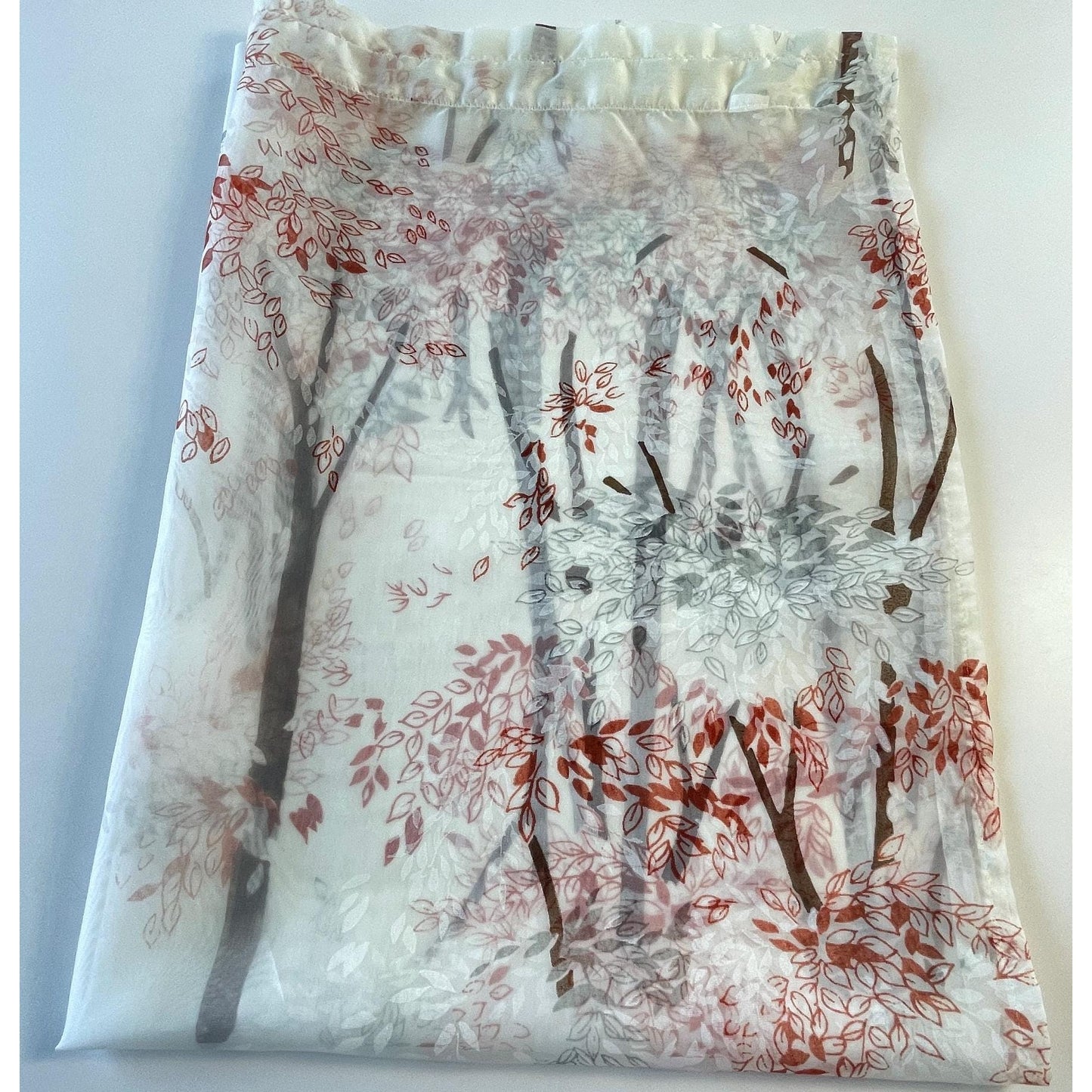 Vintage 70s curtain, red, brown tree / forest pattern, white background