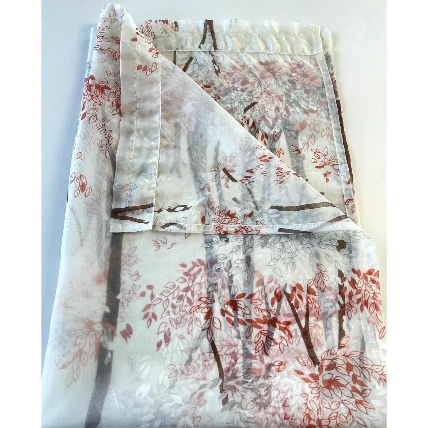 Vintage 70s curtain, red, brown tree / forest pattern, white background