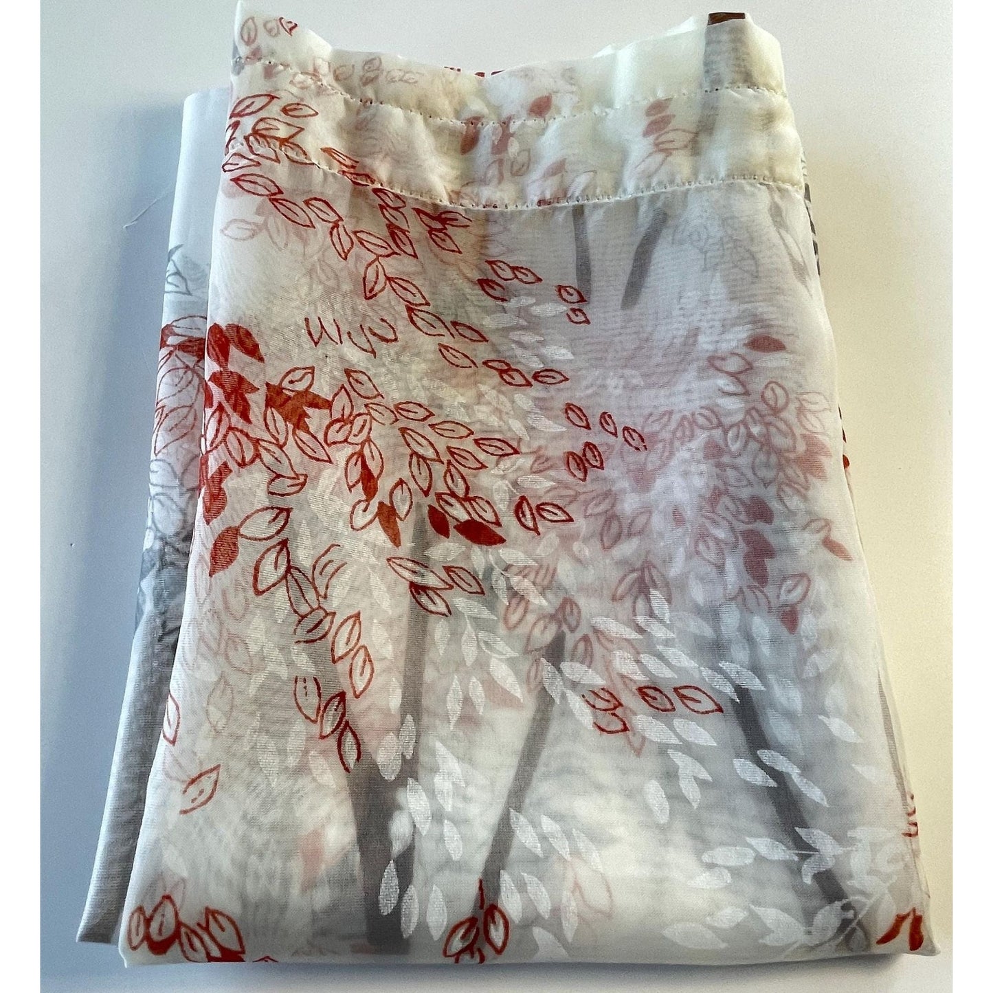Vintage 70s curtain, red, brown tree / forest pattern, white background