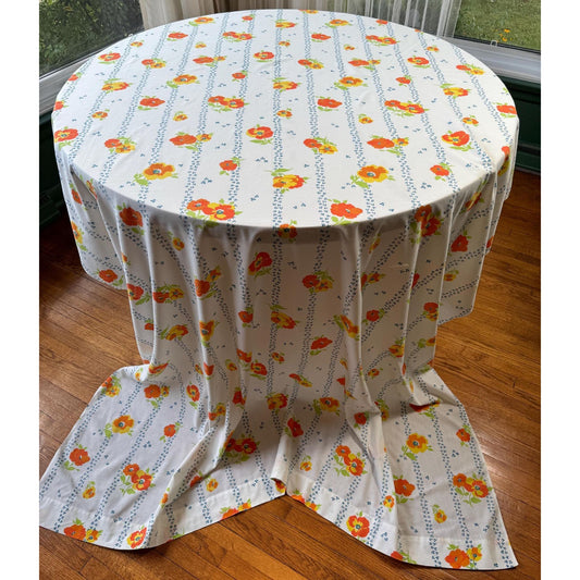 Vintage 70s flat/top sheet, orange and yellow floral and stripes, twin size bed