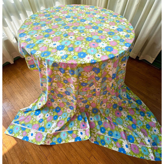Vintage 1970s flat sheet, blue green purple flowers, double or queen size, Wabasso