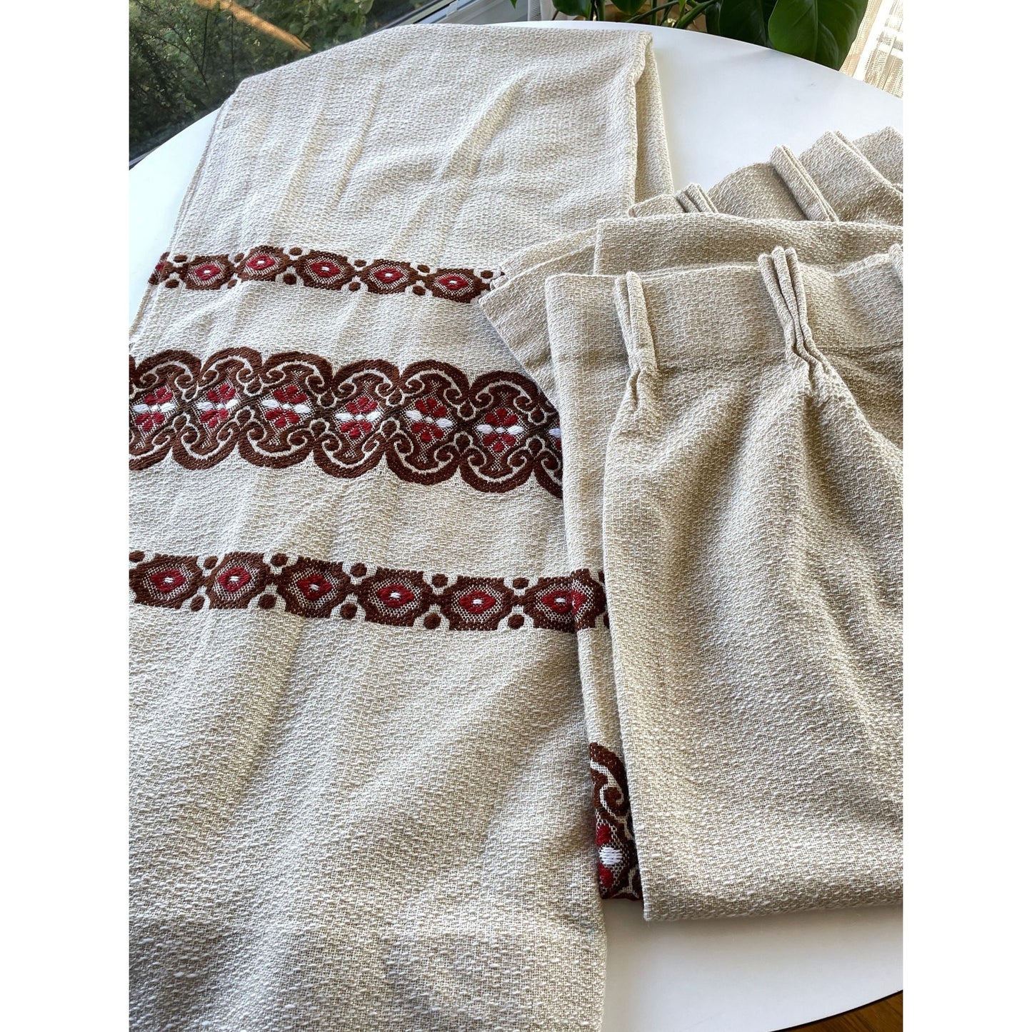 Vintage 70s pleated curtain, textured brown, brick red details