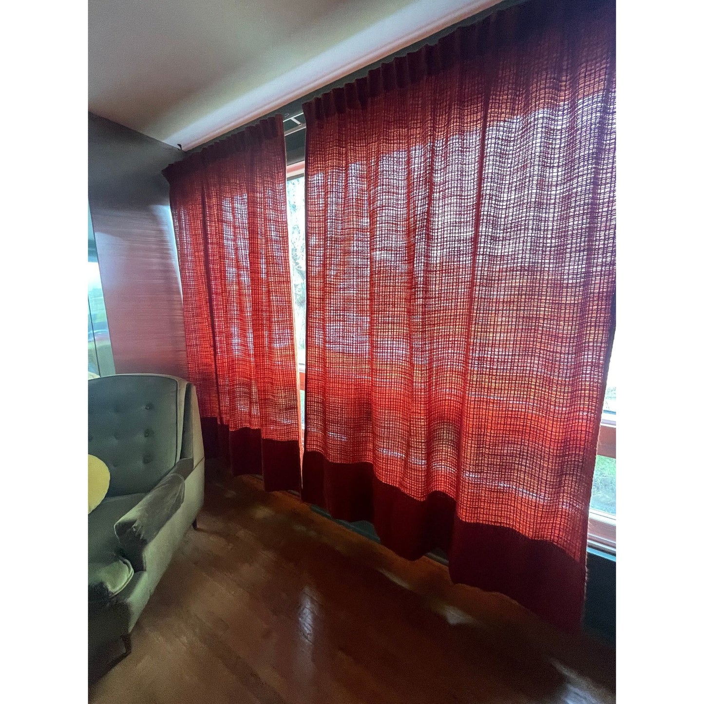 Vintage 70s pleated curtain, burnt orange/brick panel