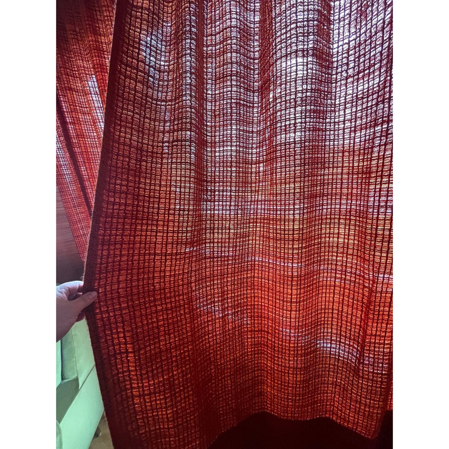 Vintage 70s pleated curtain, burnt orange/brick panel