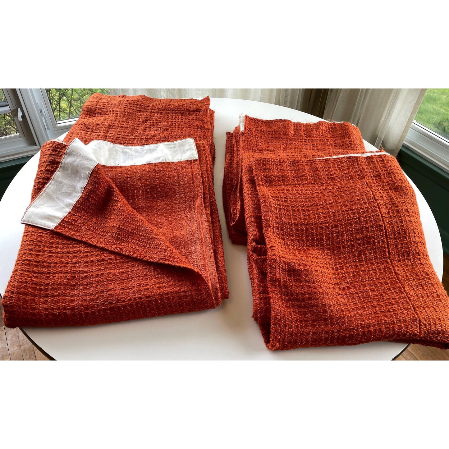 Vintage 70s pleated curtain, burnt orange/brick panel