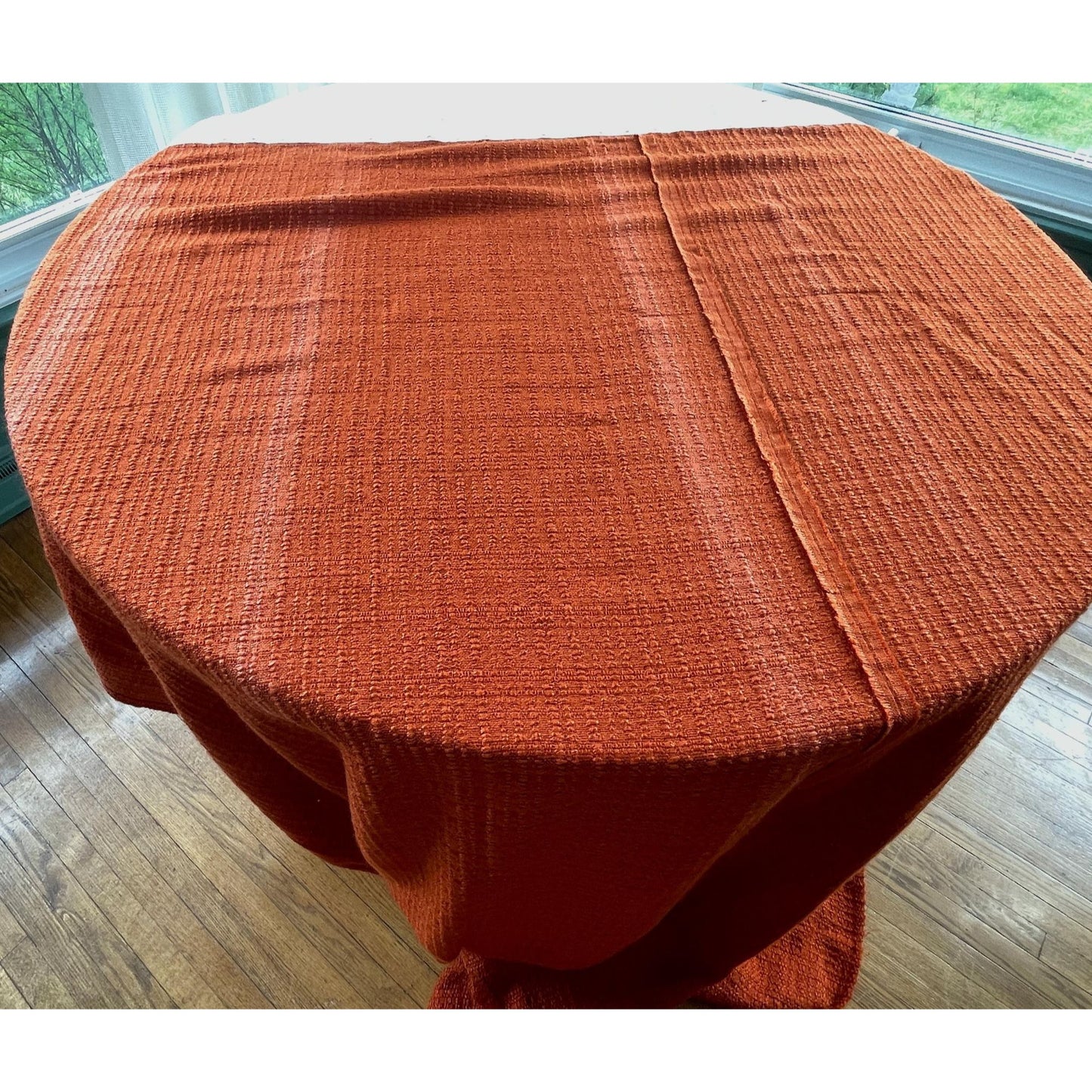 Vintage 70s pleated curtain, burnt orange/brick panel