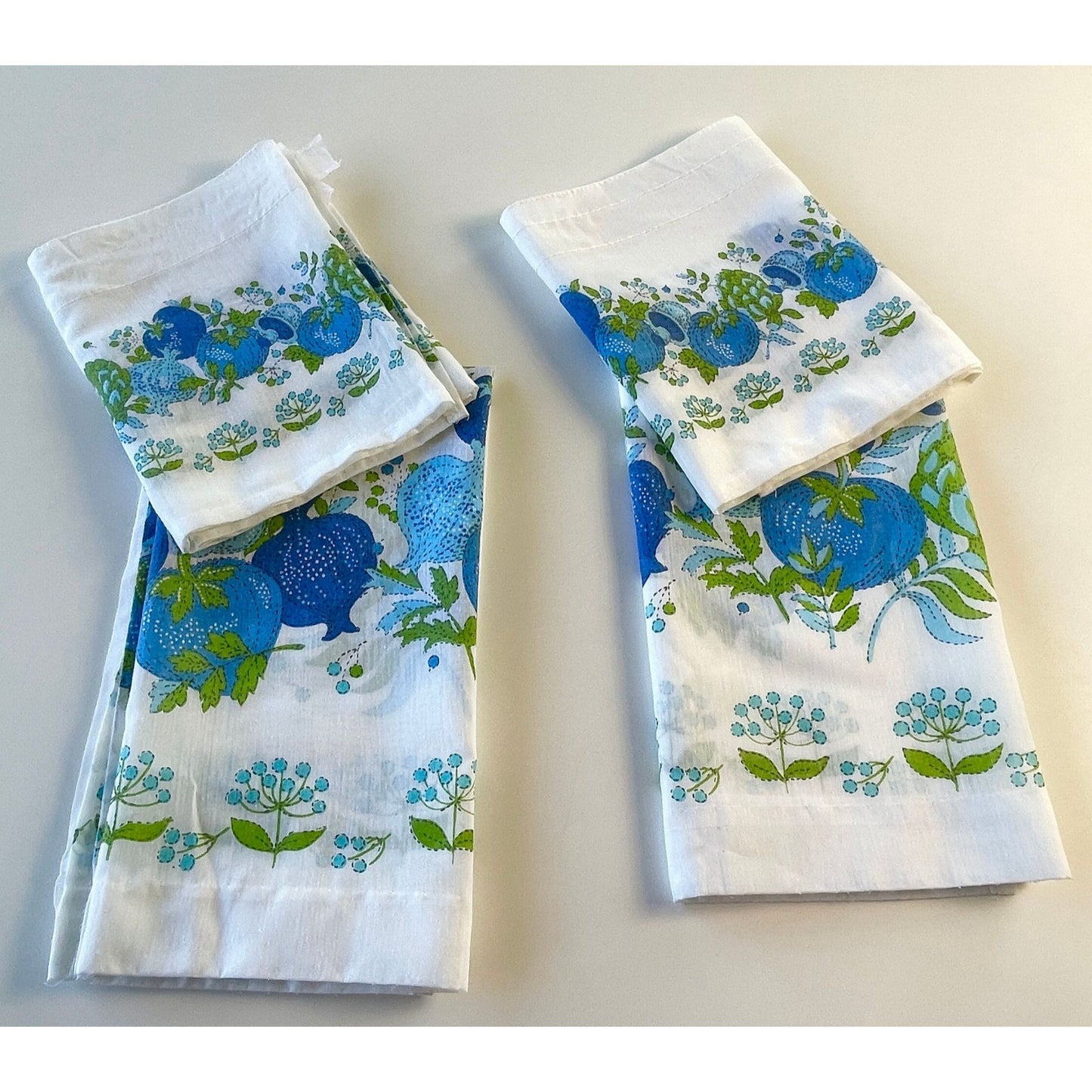 Vintage 70s cafe curtains, white green and blue vegetables panel and valance set