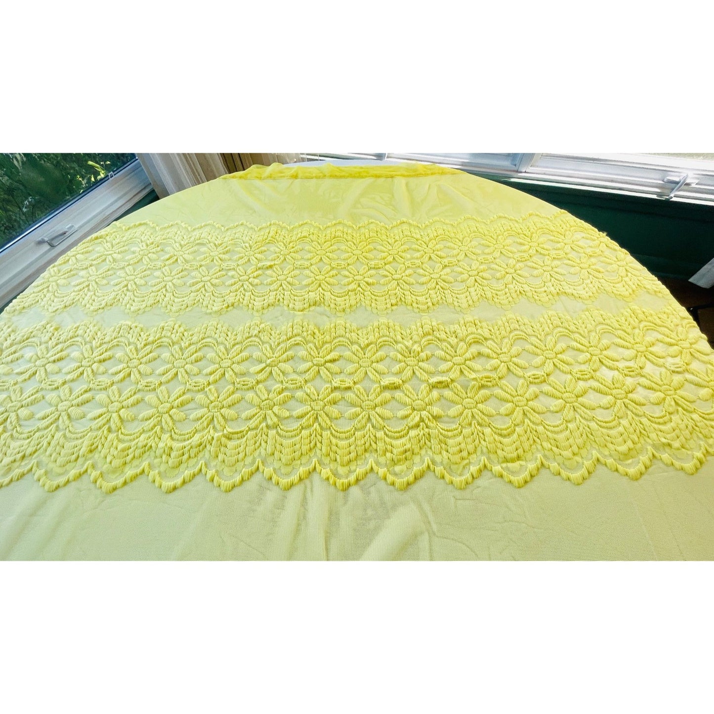 Vintage 70s curtain, yellow embroidered daisies, mesh panel