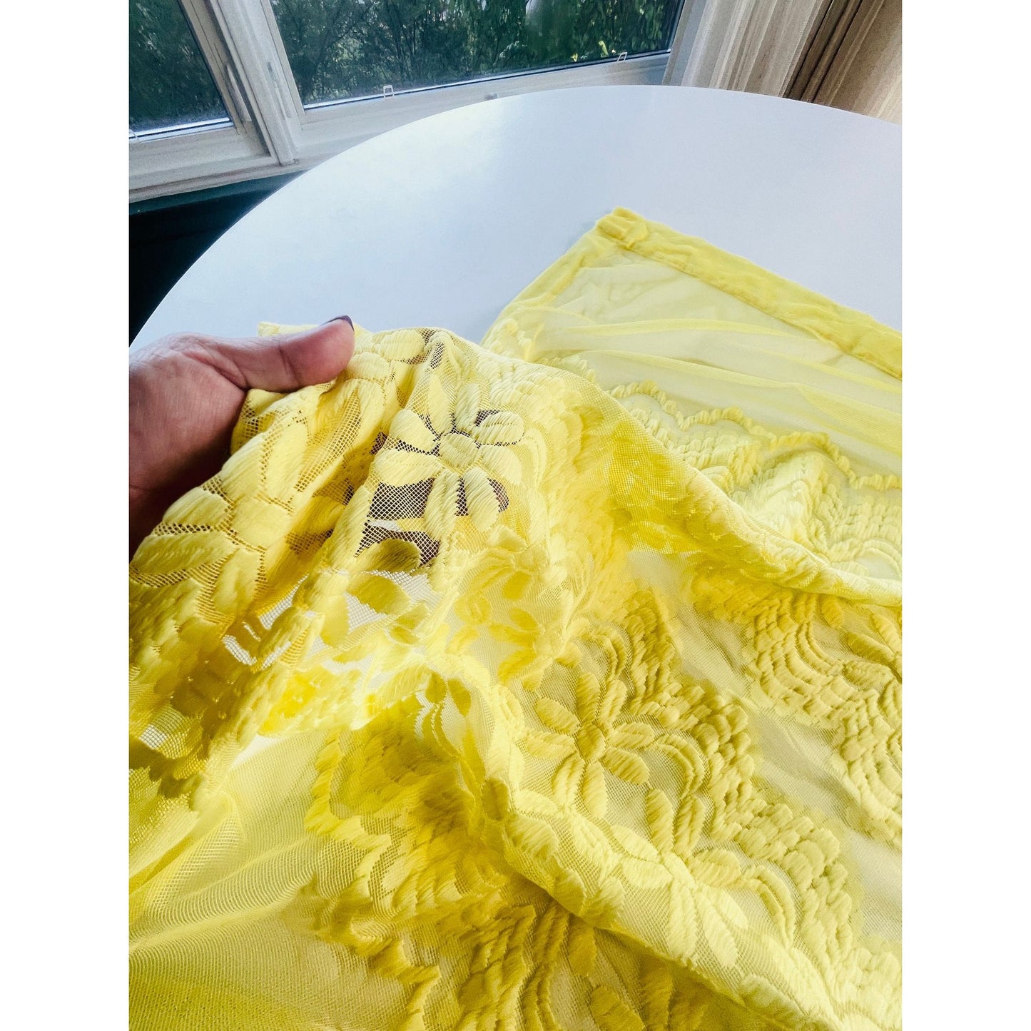 Vintage 70s curtain, yellow embroidered daisies, mesh panel