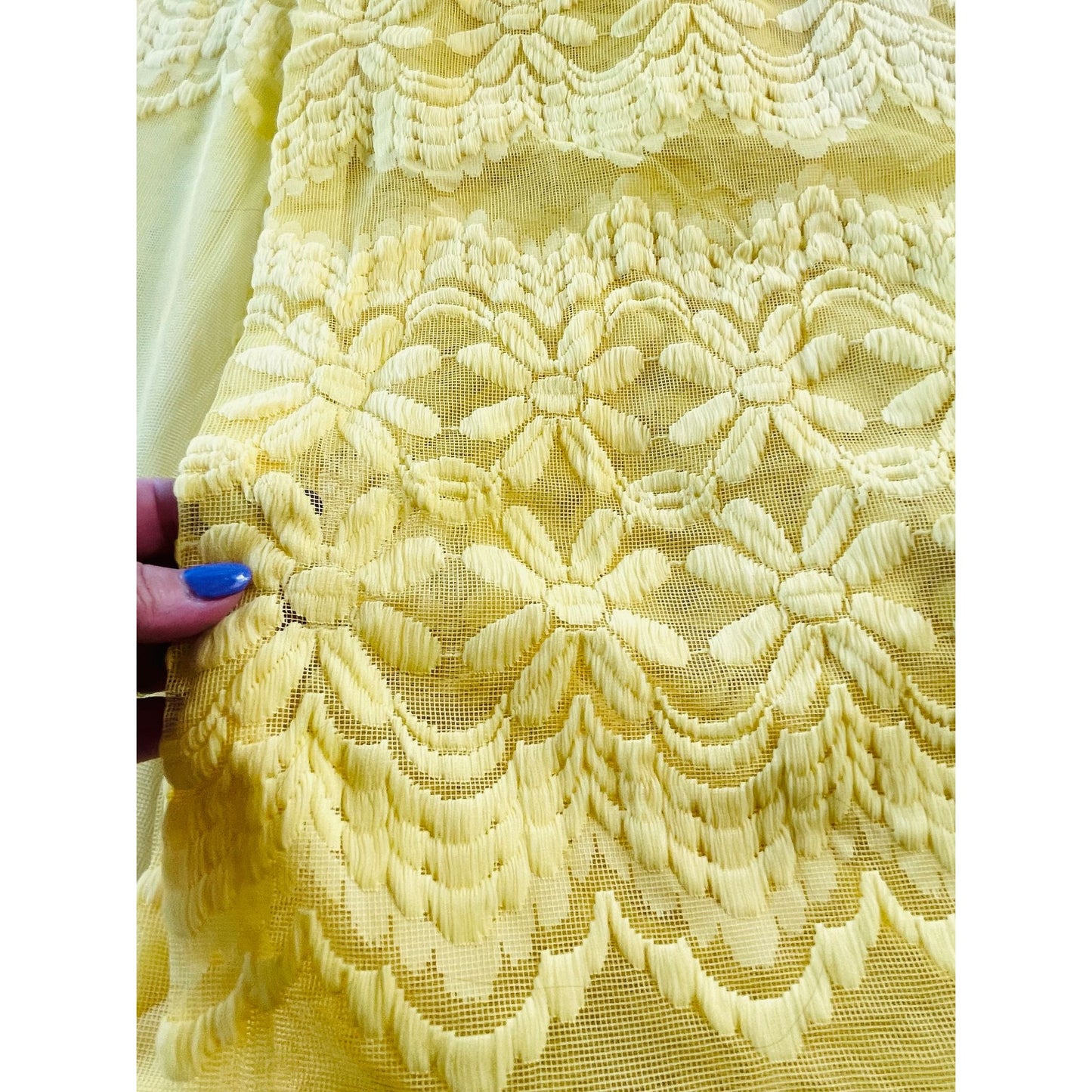 Vintage 70s curtain, yellow embroidered daisies, mesh panel