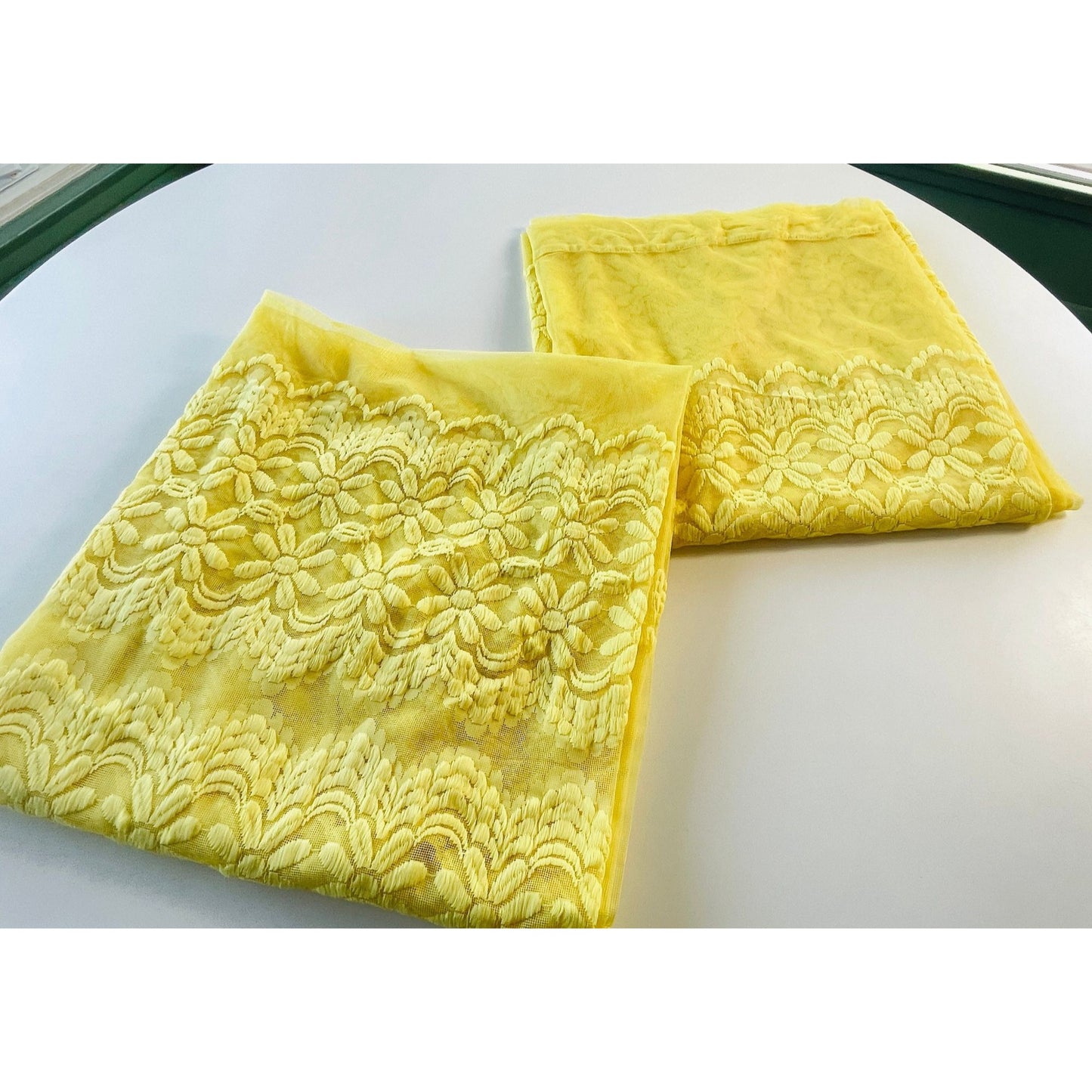 Vintage 70s curtain, yellow embroidered daisies, mesh panel
