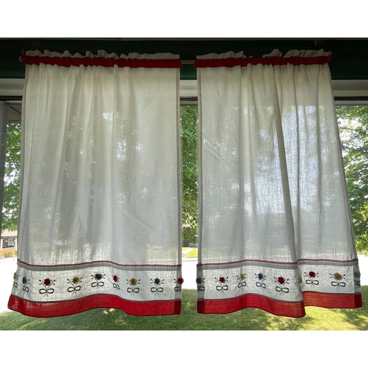 Vintage 70s curtain, embroidered red, yellow, blue flowers with pompoms