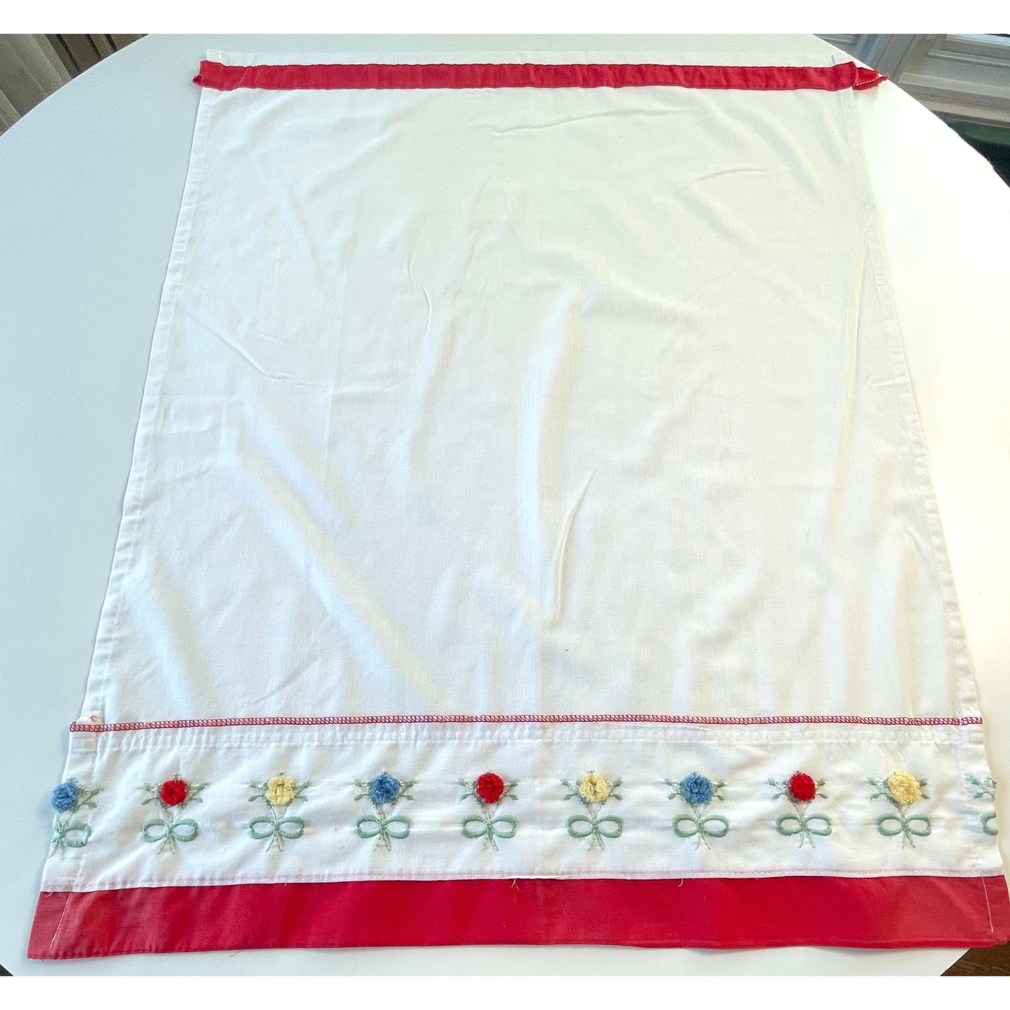 Vintage 70s curtain, embroidered red, yellow, blue flowers with pompoms