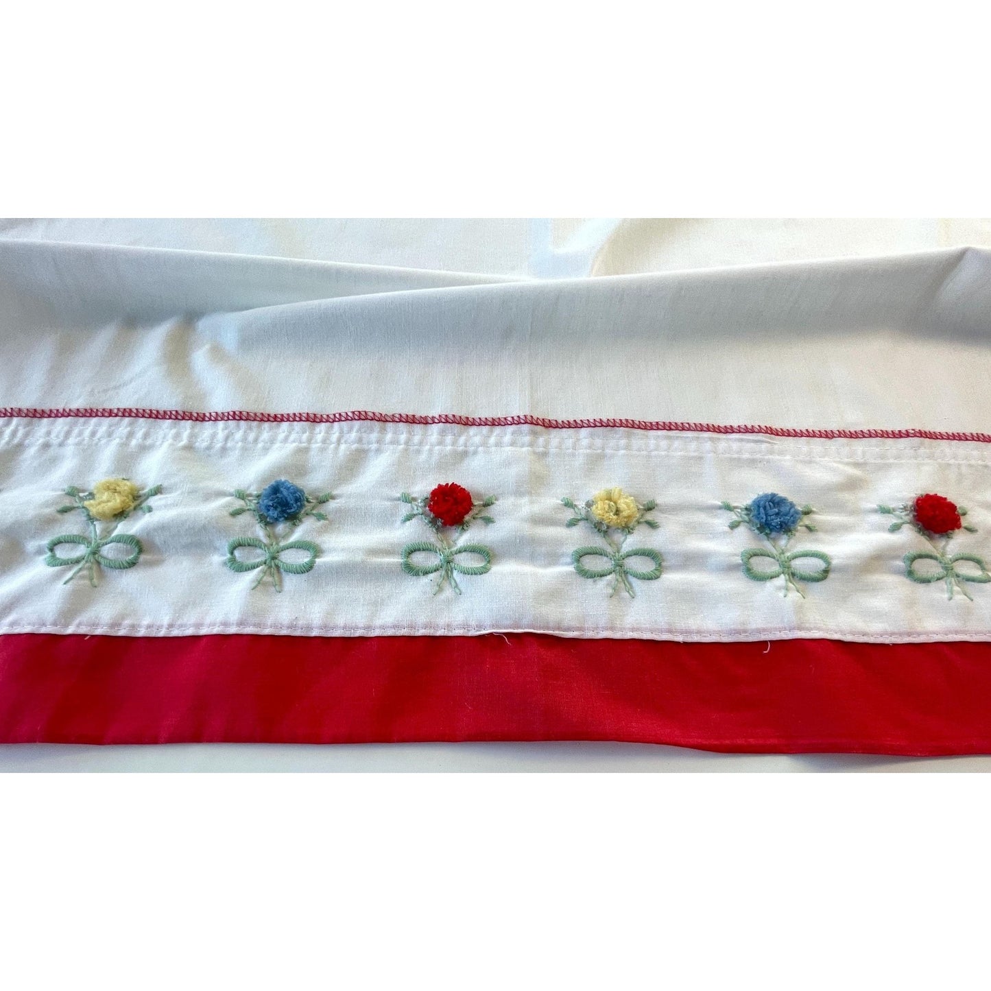 Vintage 70s curtain, embroidered red, yellow, blue flowers with pompoms