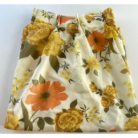 Vintage 60s pleated curtain, yellow orange floral sheer panel