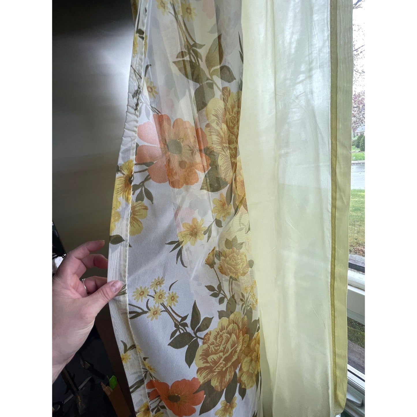 Vintage 60s pleated curtain, yellow orange floral sheer panel
