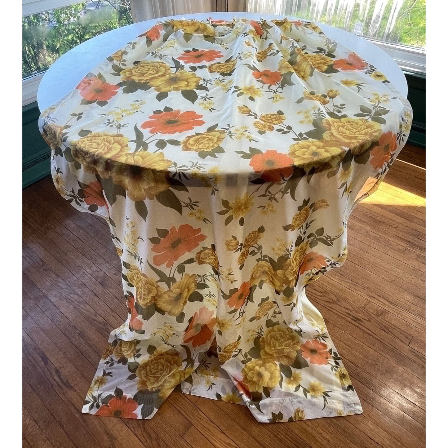 Vintage 60s pleated curtain, yellow orange floral sheer panel