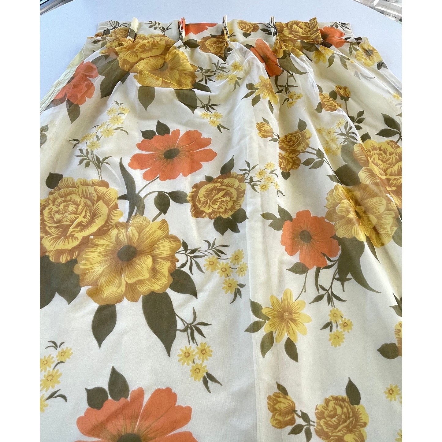 Vintage 60s pleated curtain, yellow orange floral sheer panel