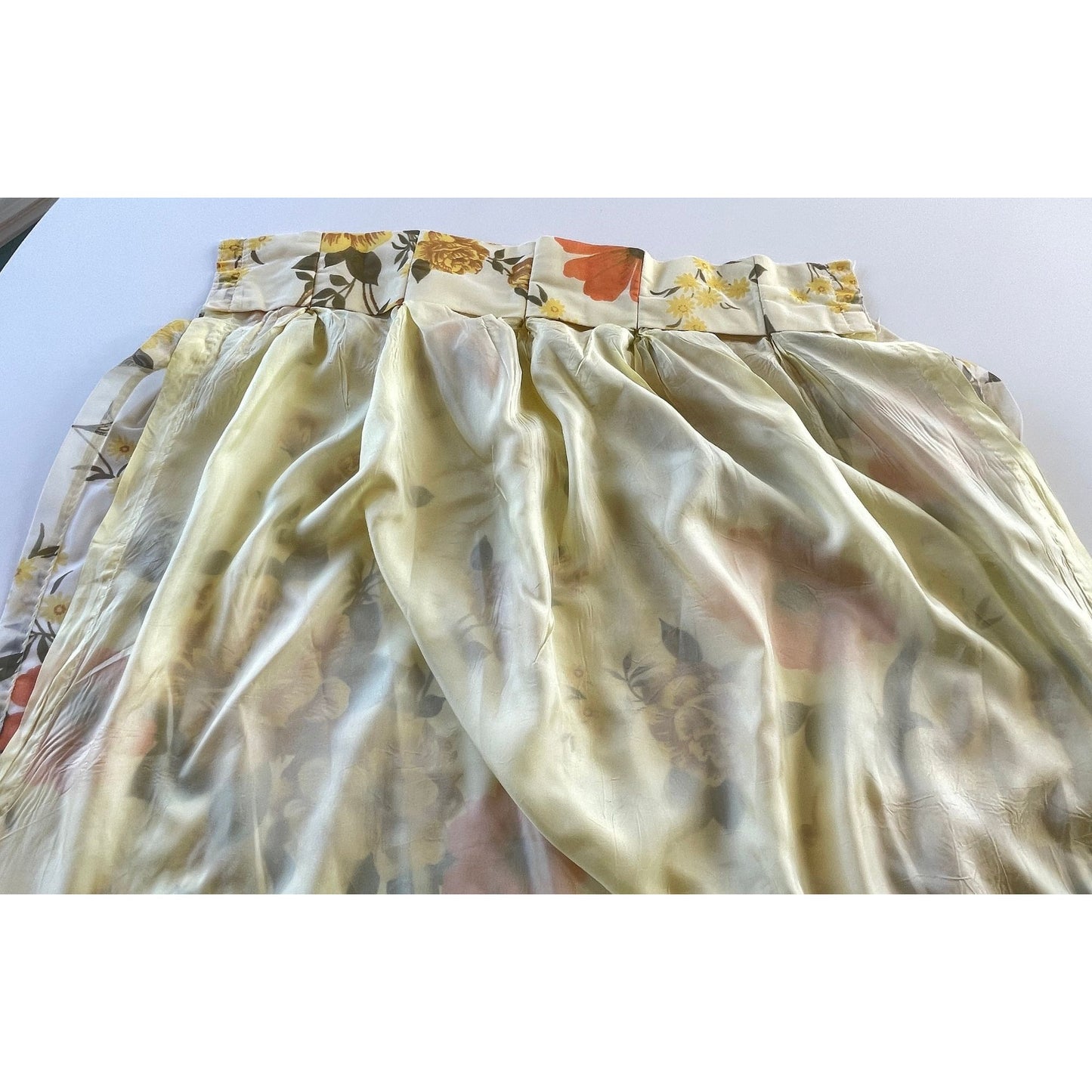 Vintage 60s pleated curtain, yellow orange floral sheer panel