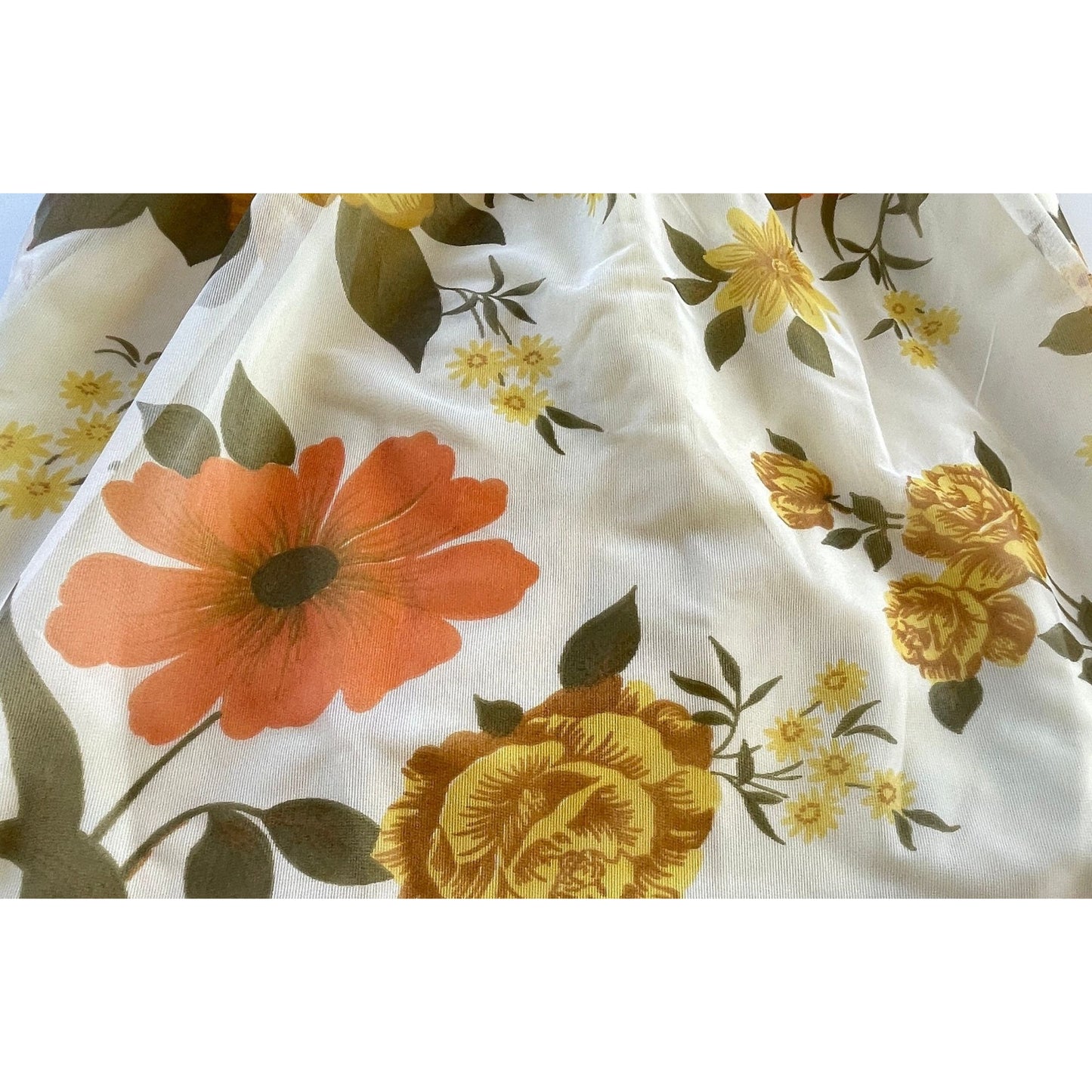 Vintage 60s pleated curtain, yellow orange floral sheer panel