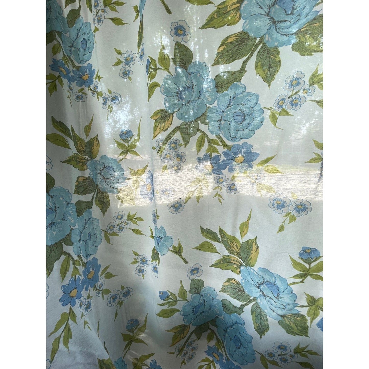 Vintage 70s curtain, large blue flowers and leaves, sheer panel