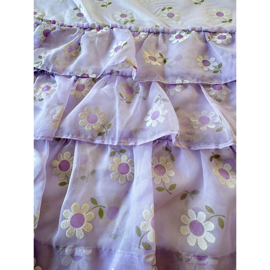 Vintage 70s curtain, purple flocked floral sheer ruffled panel