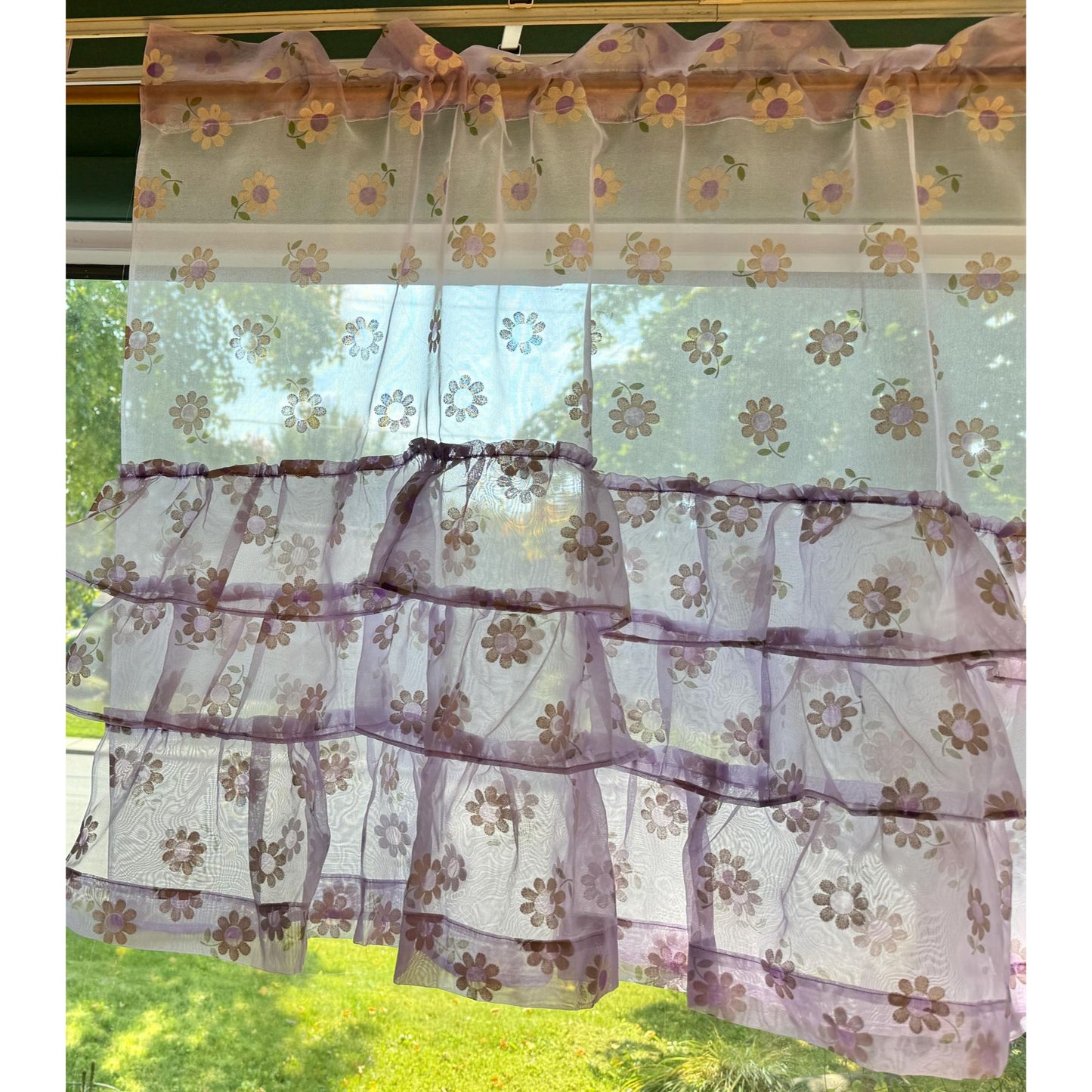 Vintage 70s curtain, purple flocked floral sheer ruffled panel