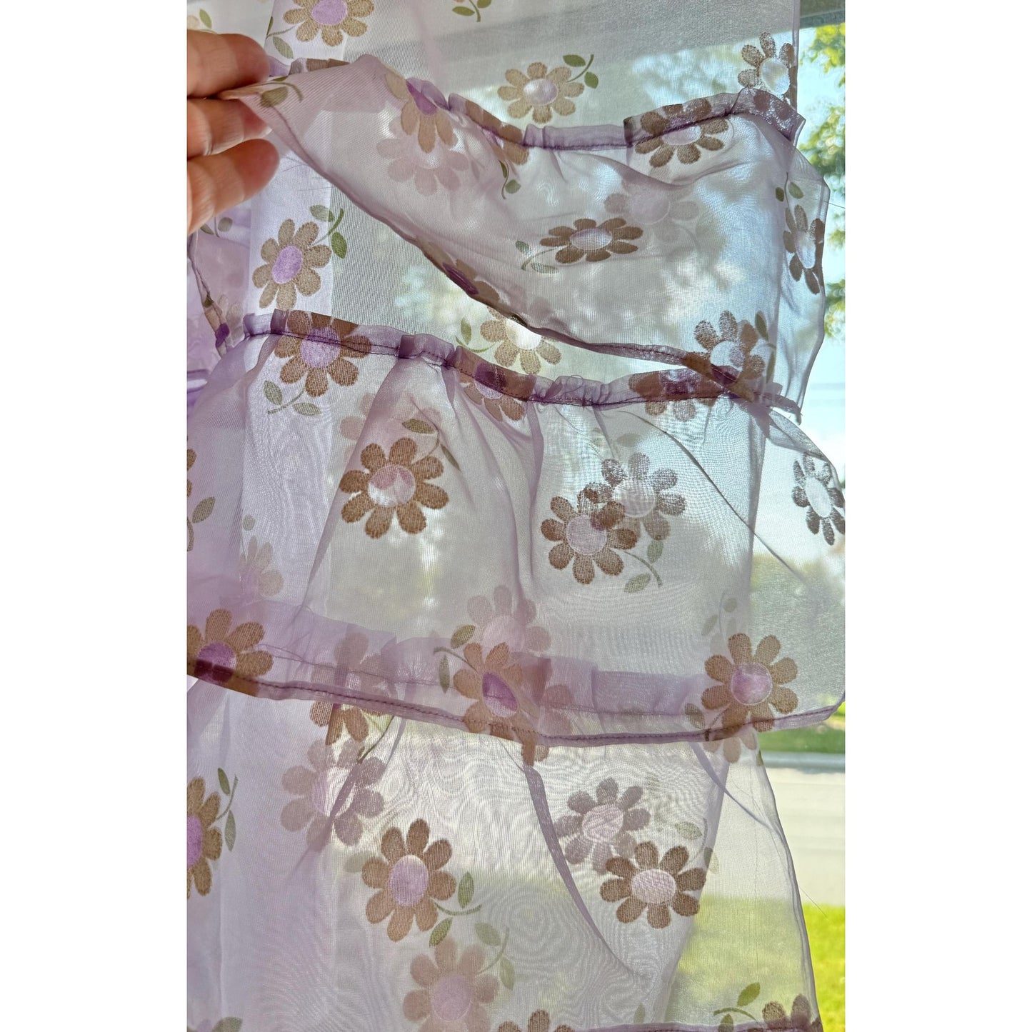 Vintage 70s curtain, purple flocked floral sheer ruffled panel