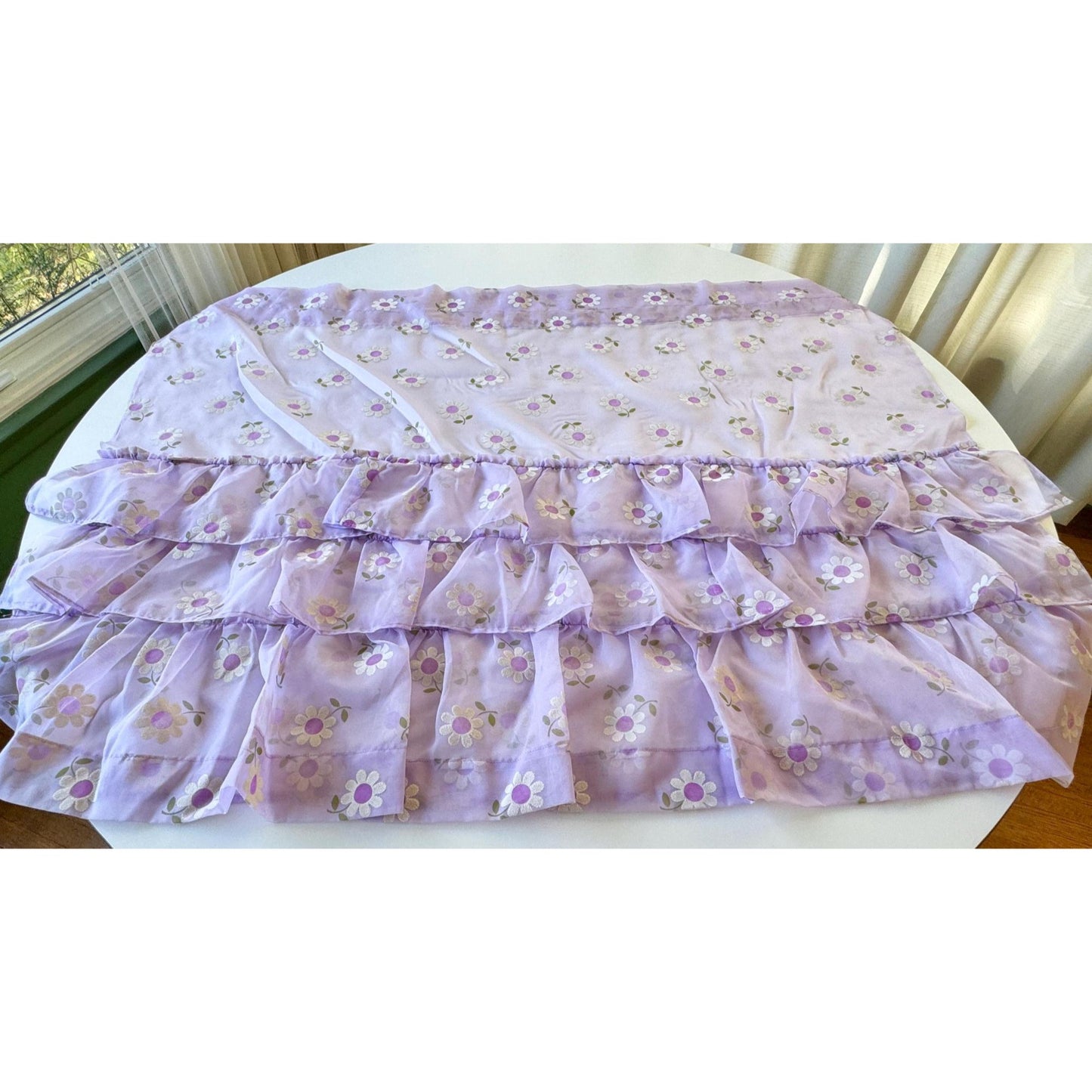 Vintage 70s curtain, purple flocked floral sheer ruffled panel