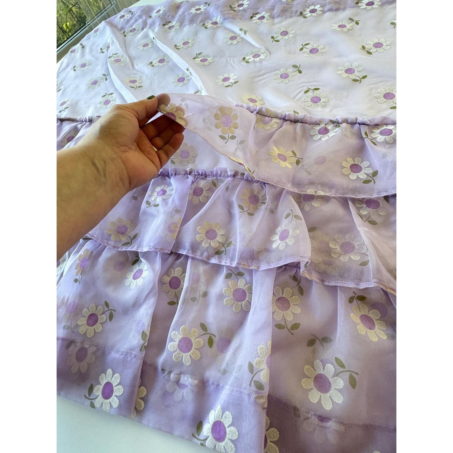 Vintage 70s curtain, purple flocked floral sheer ruffled panel