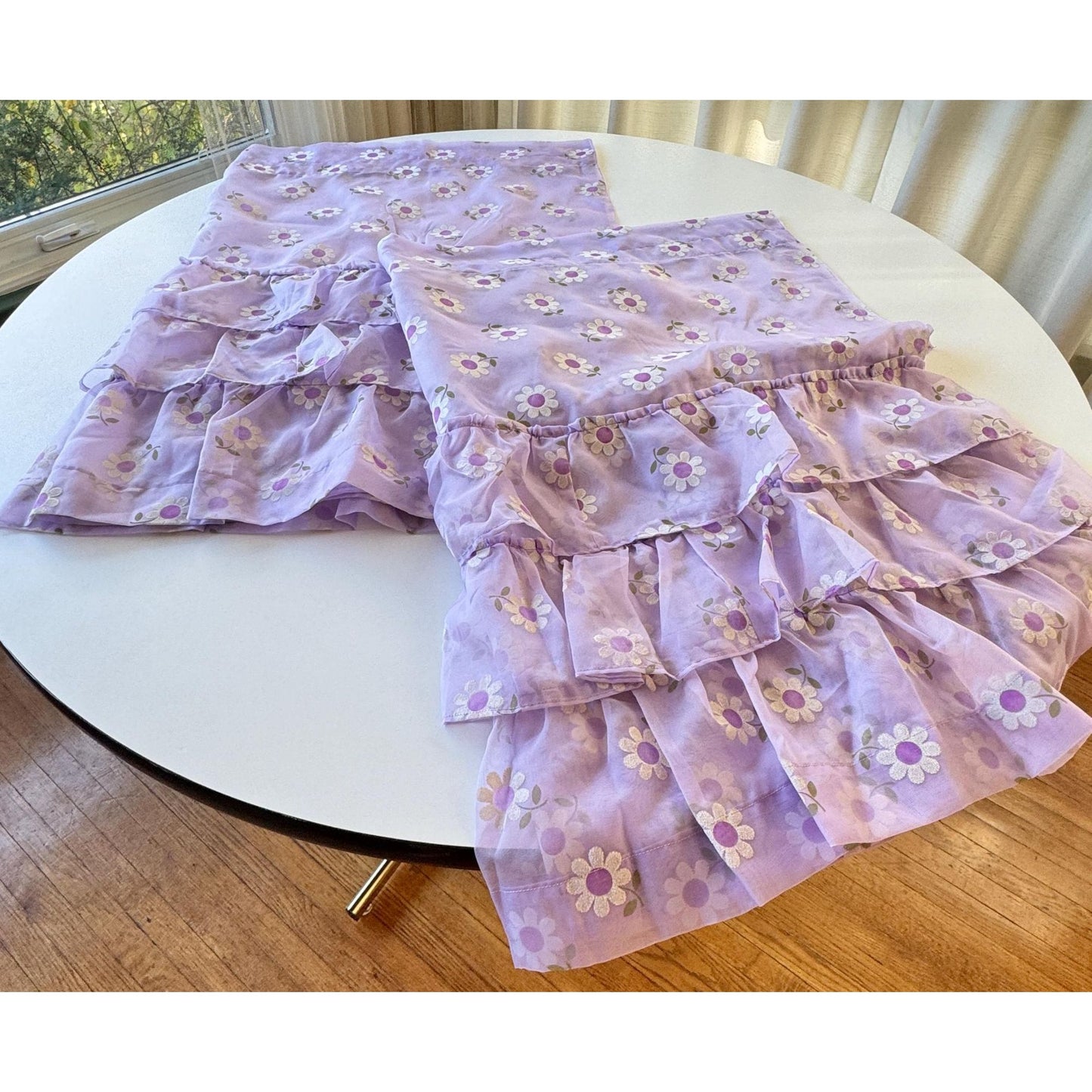 Vintage 70s curtain, purple flocked floral sheer ruffled panel