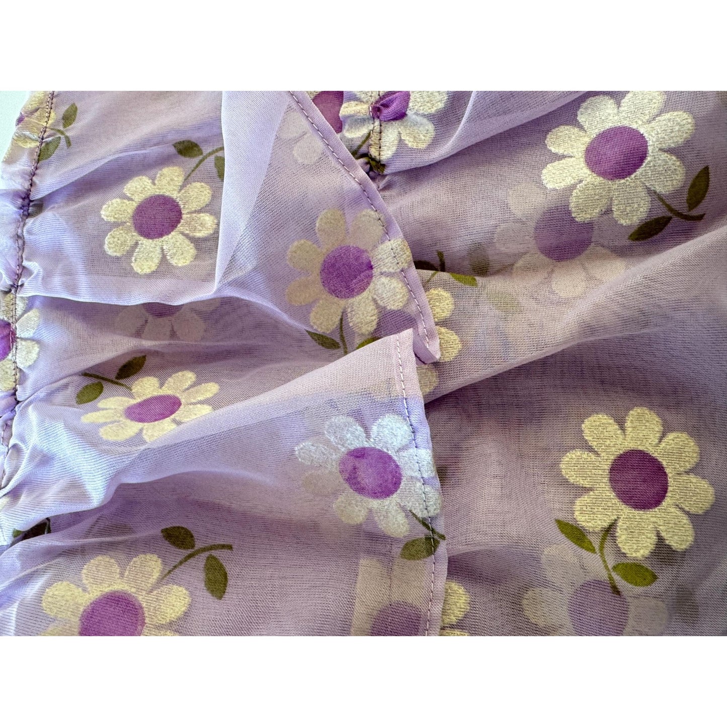 Vintage 70s curtain, purple flocked floral sheer ruffled panel