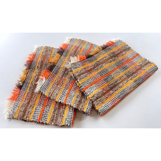 Vintage 80s placemats, woven brown orange white striped, set of 3