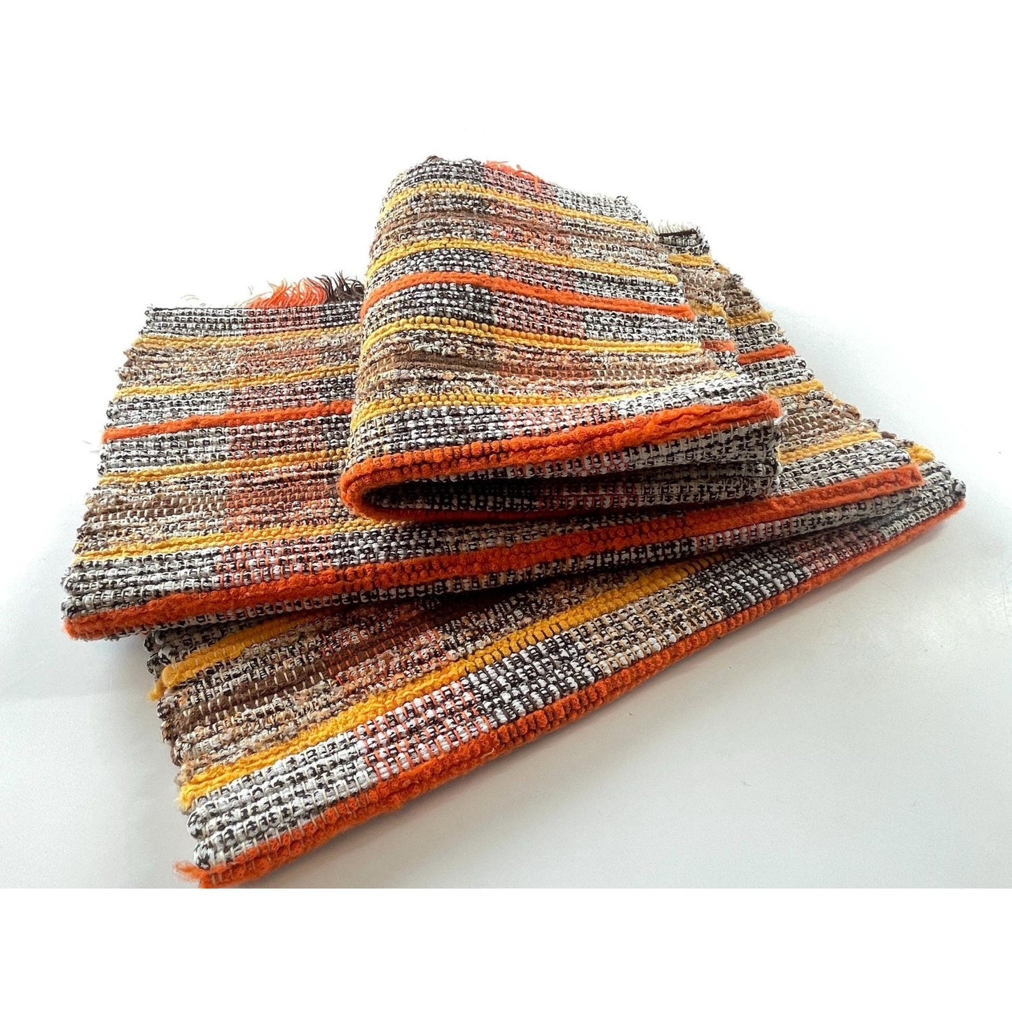 Vintage 80s placemats, woven brown orange white striped, set of 3